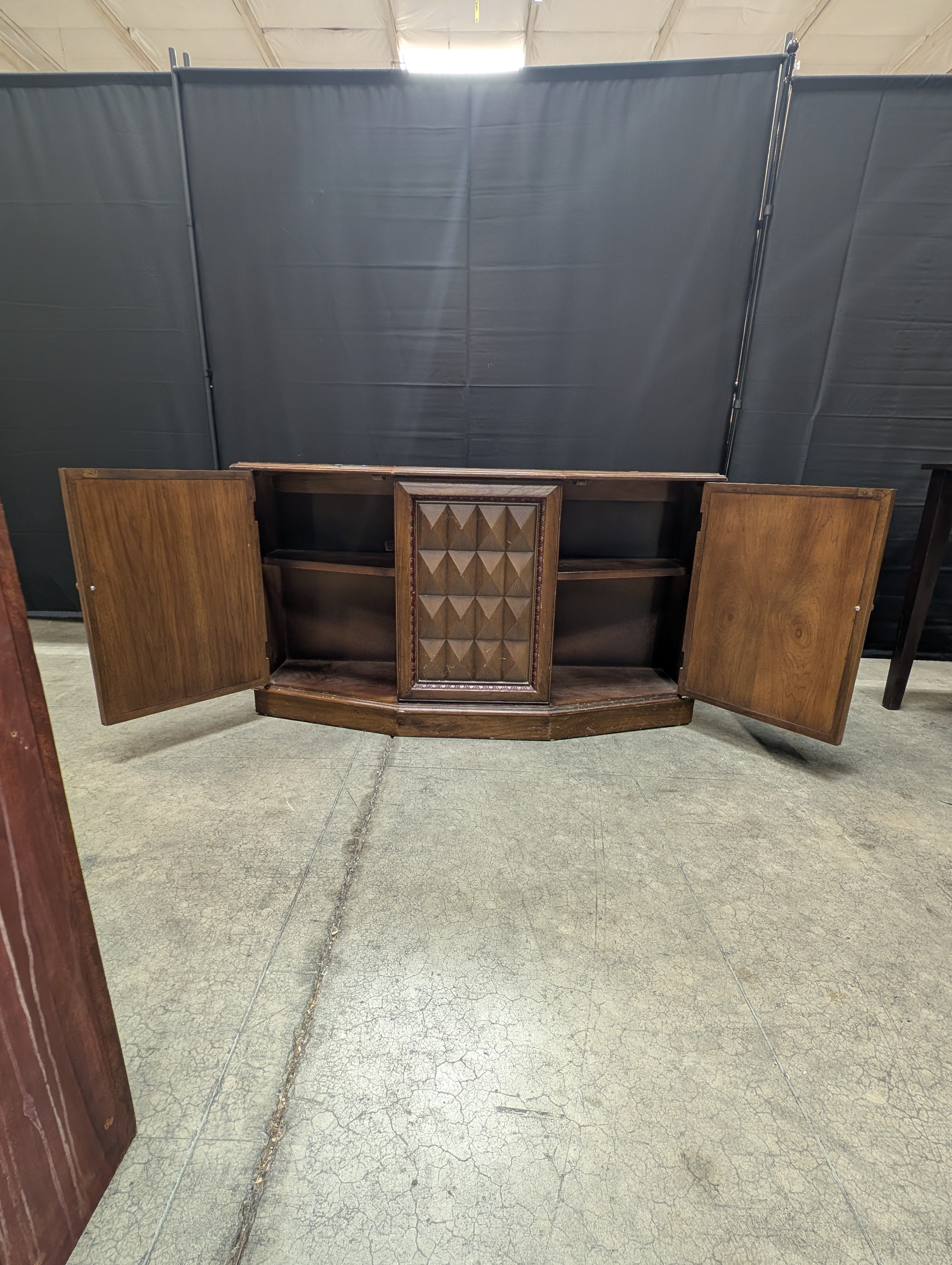 Vintage Dark Wood Corner Storage Cabinet with Geometric Doors