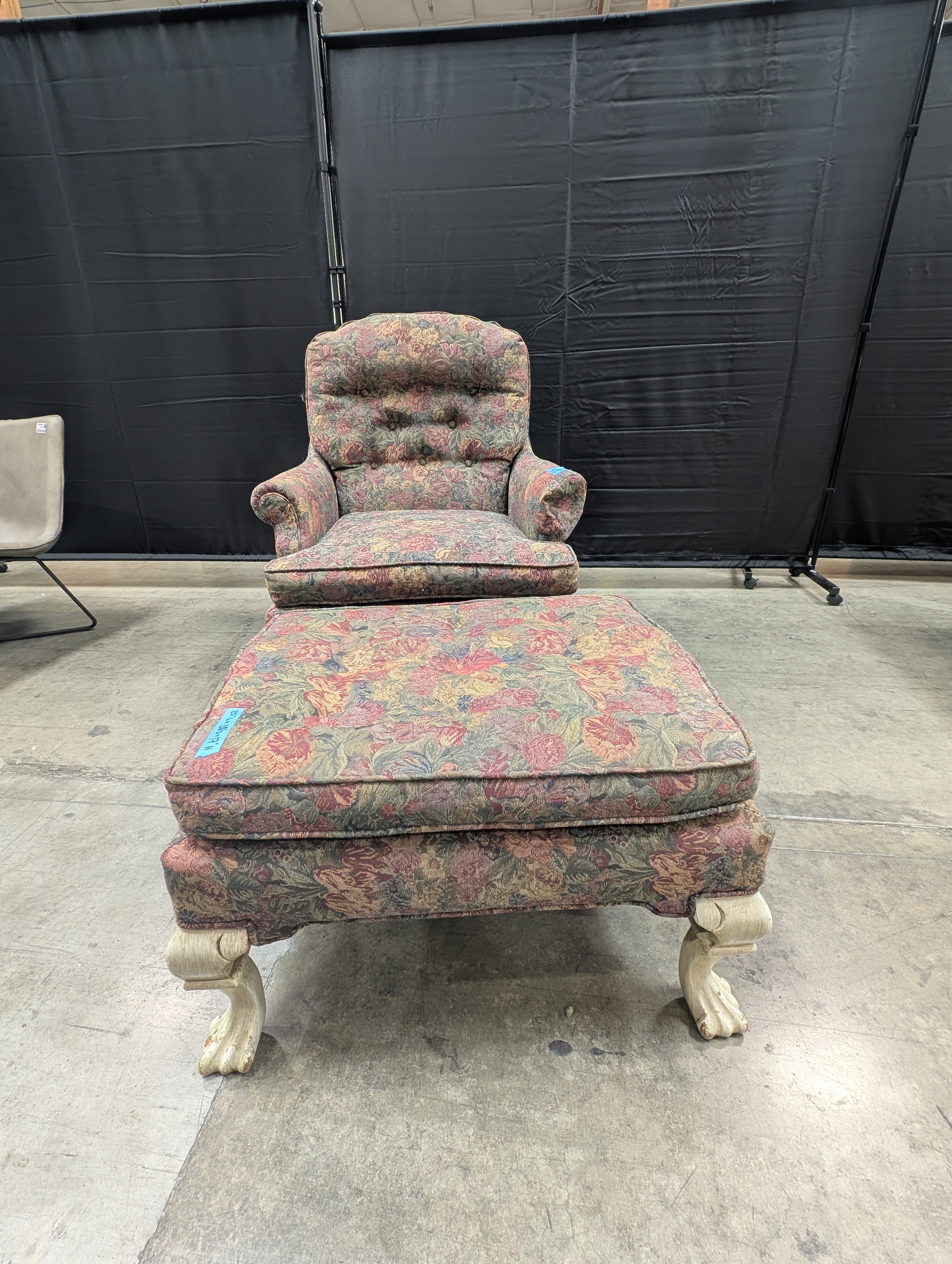Used Traditional Floral Pattern Upholstered Armchair with Claw Feet
