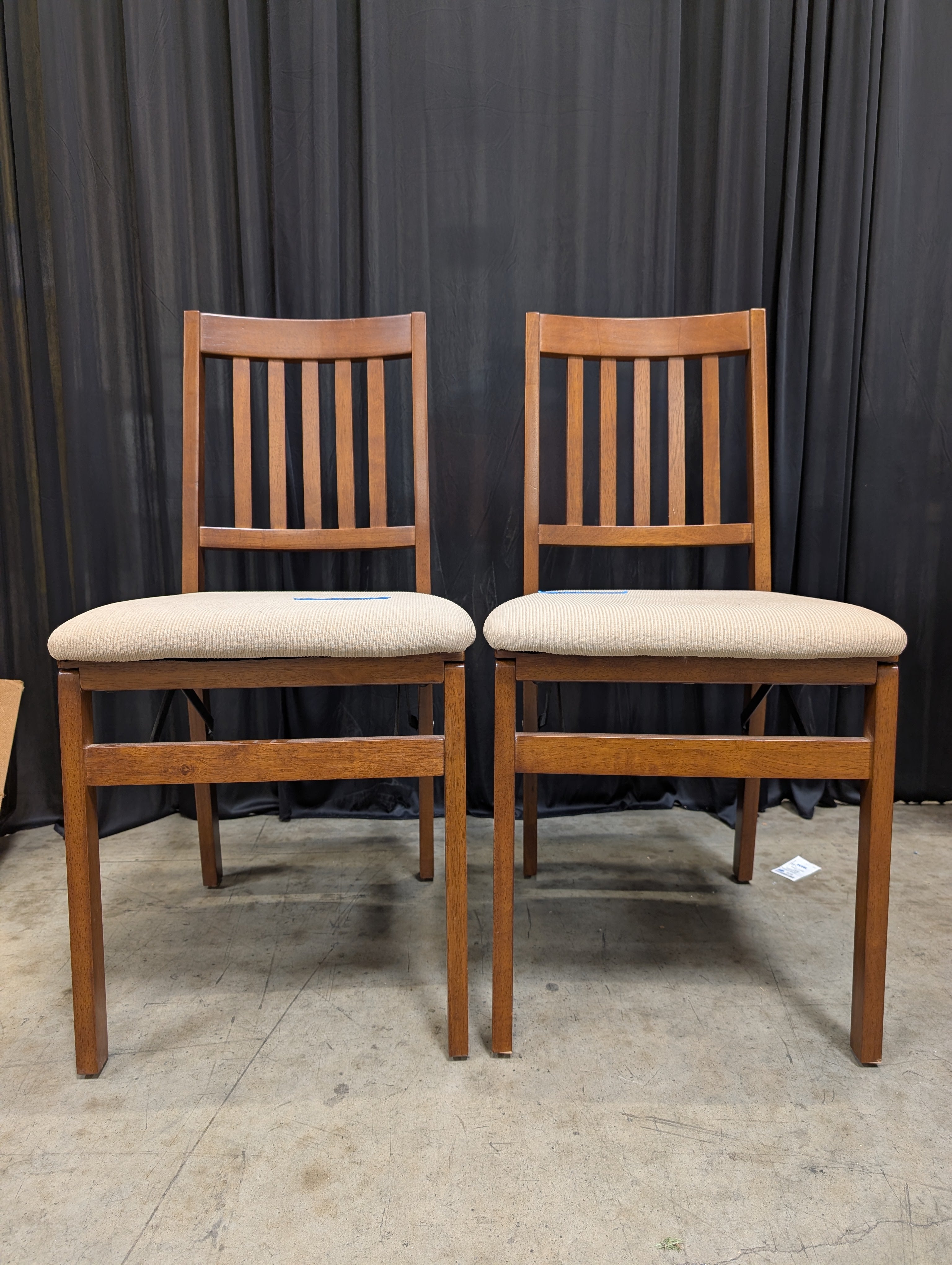 Pair of Slatted Wood Folding chairs Chair with Upholstered Seat