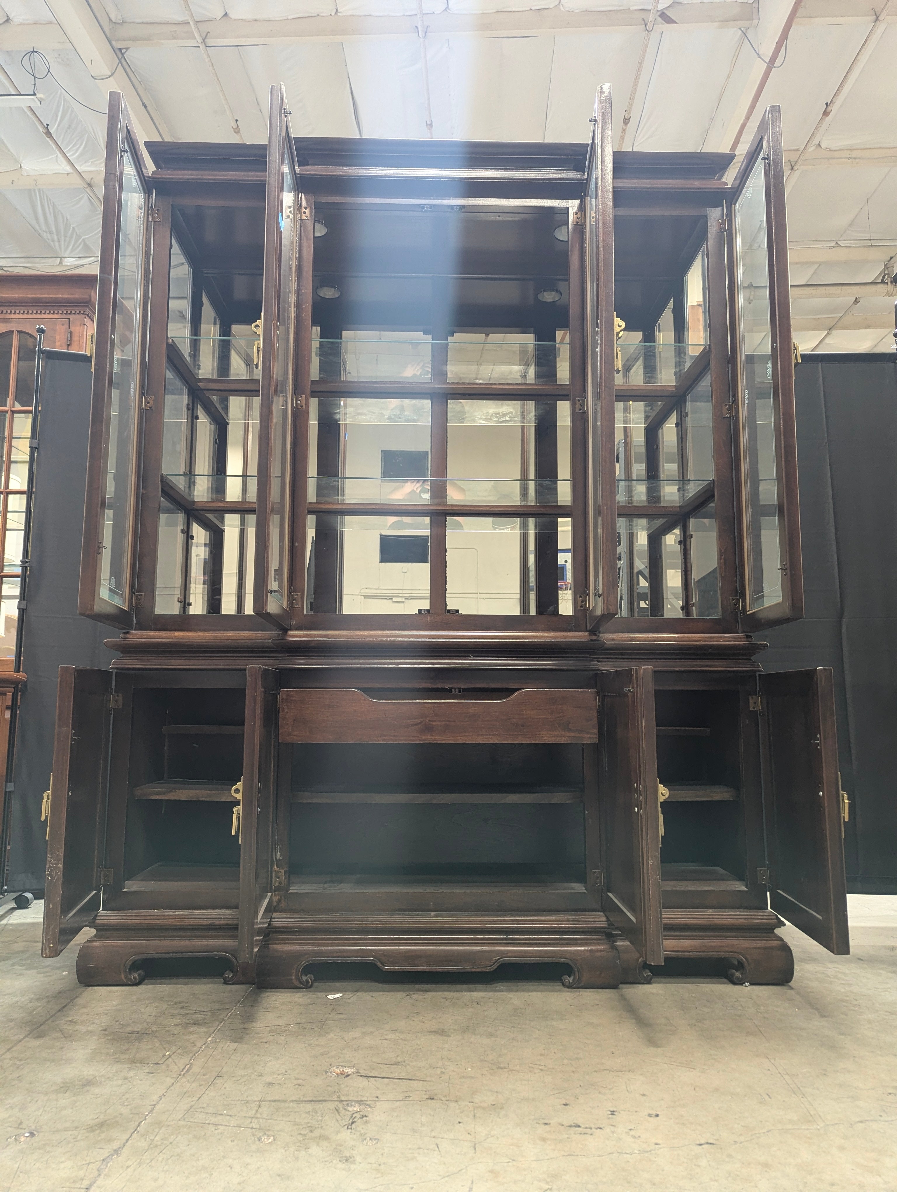 Dark Wood Glass Display Cabinet with Burl Wood Panels