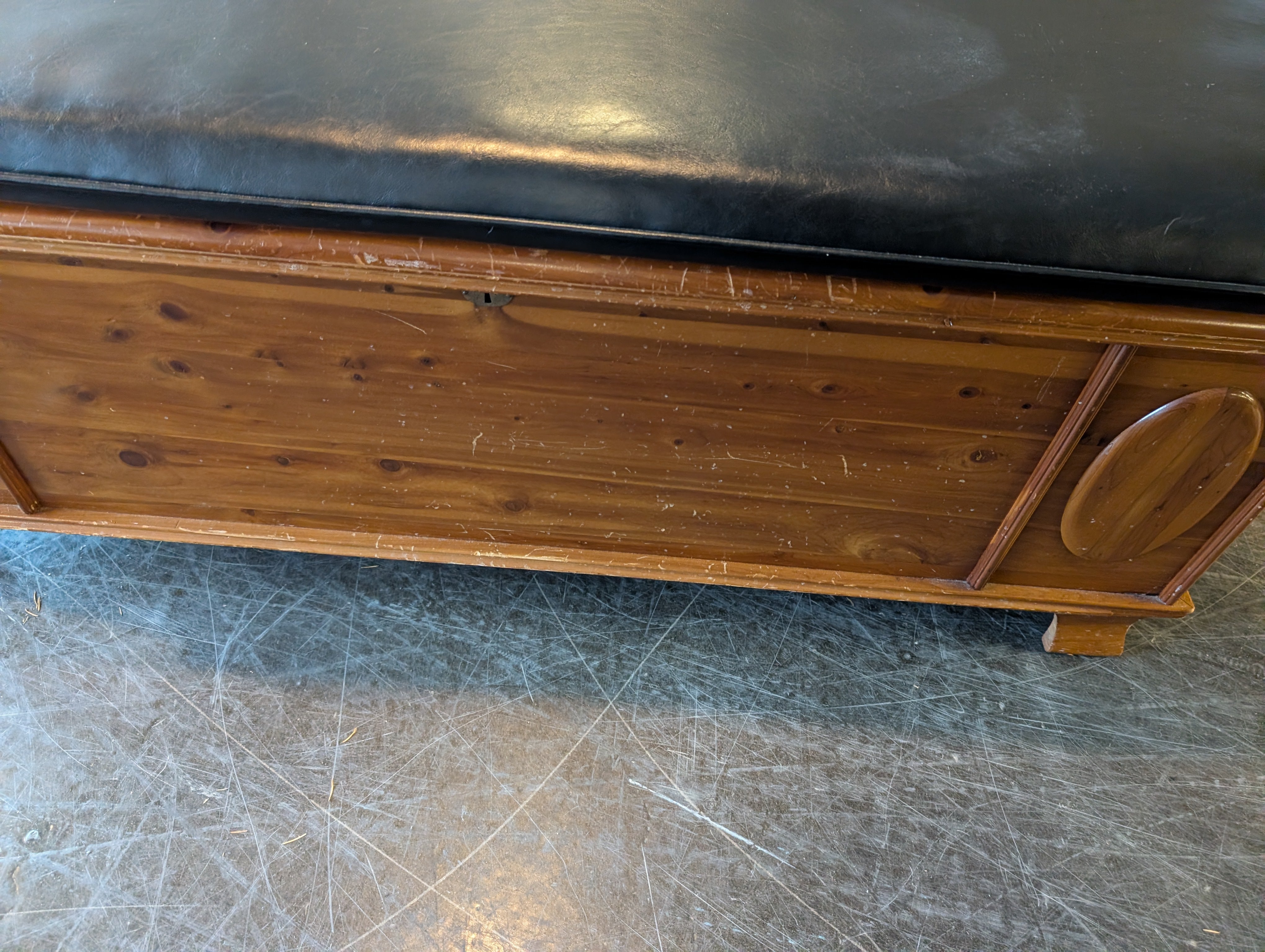 Vintage Cedar Tone Wood Storage Chest with Black Upholstered Top