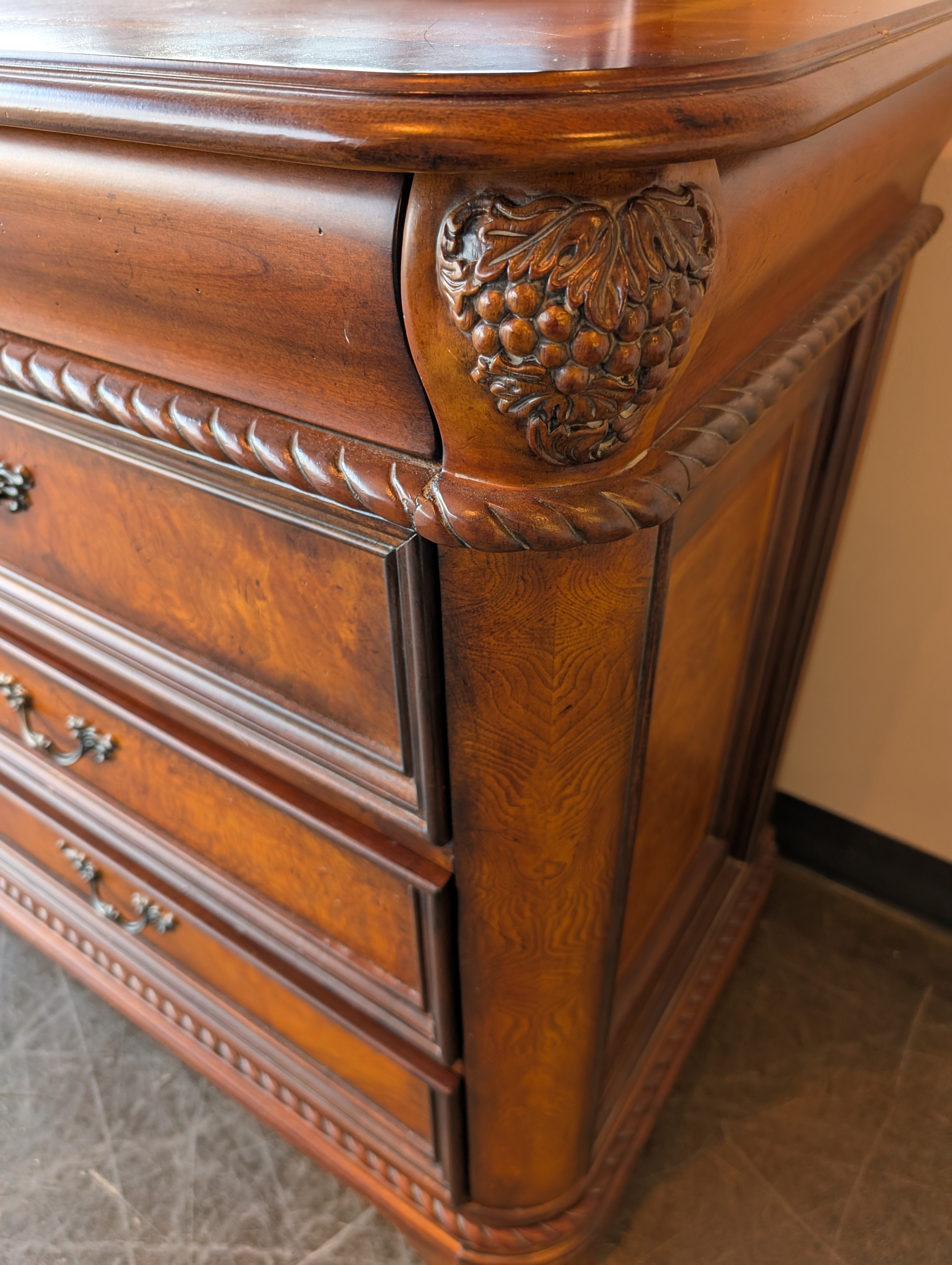 Ornate Dark Wood Dresser with Arched Mirror