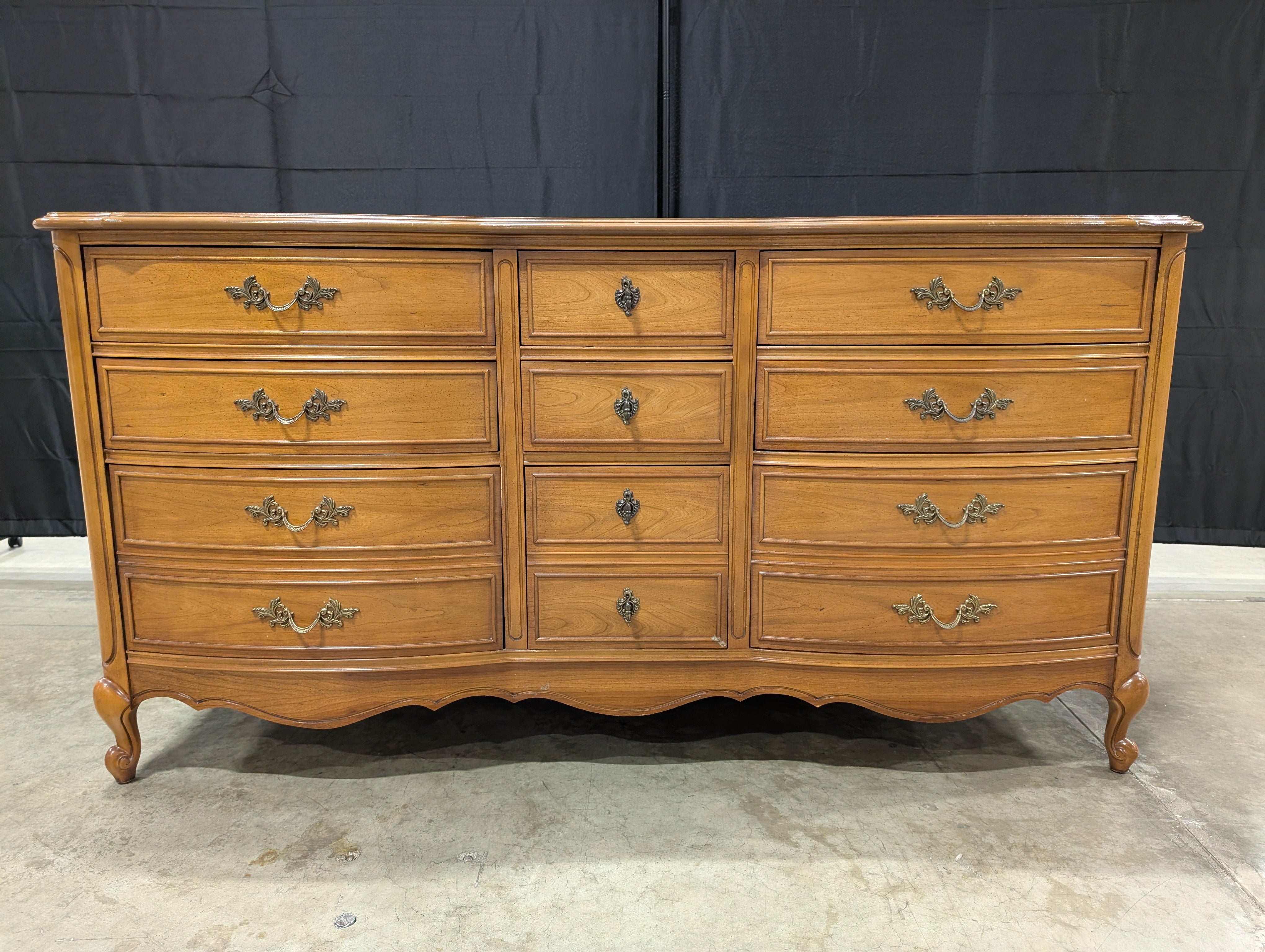 Vintage French Provincial Nine-Drawer Wood Dresser