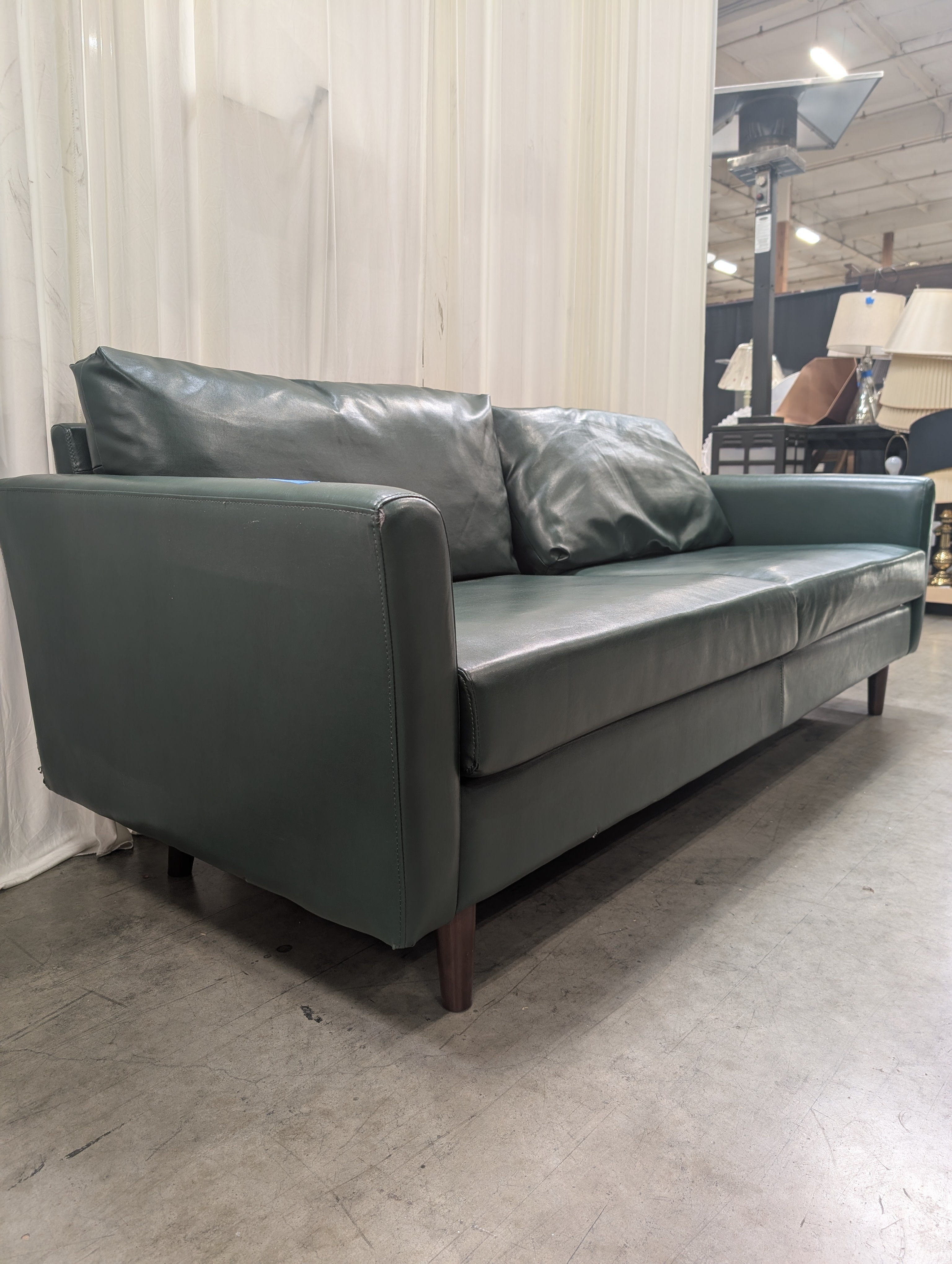 Hunter Green Mid-Century Couch in Faux Leather