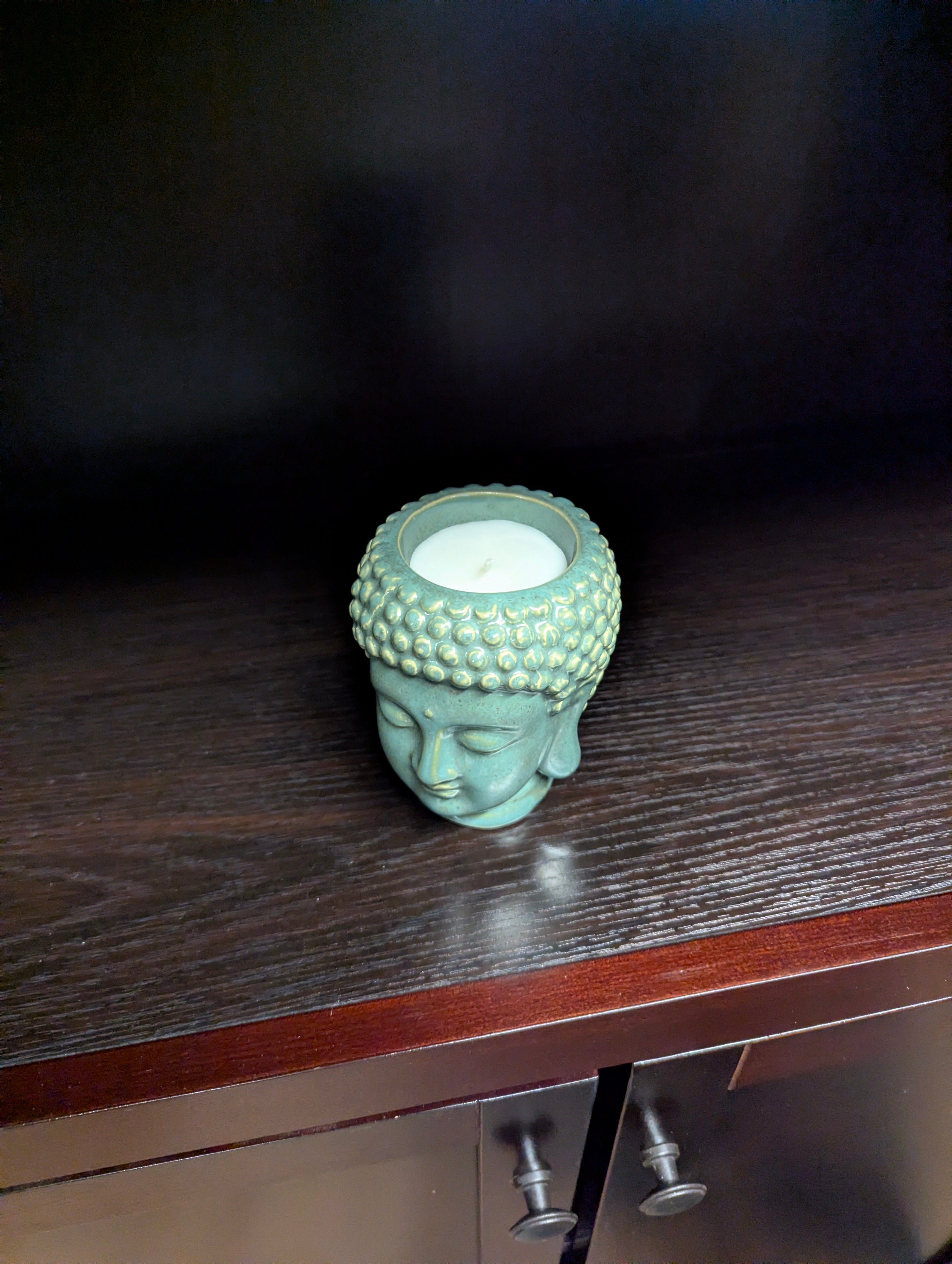 Serene Teal Buddha Head Candle Holders with Faux Succulent Decor Set
