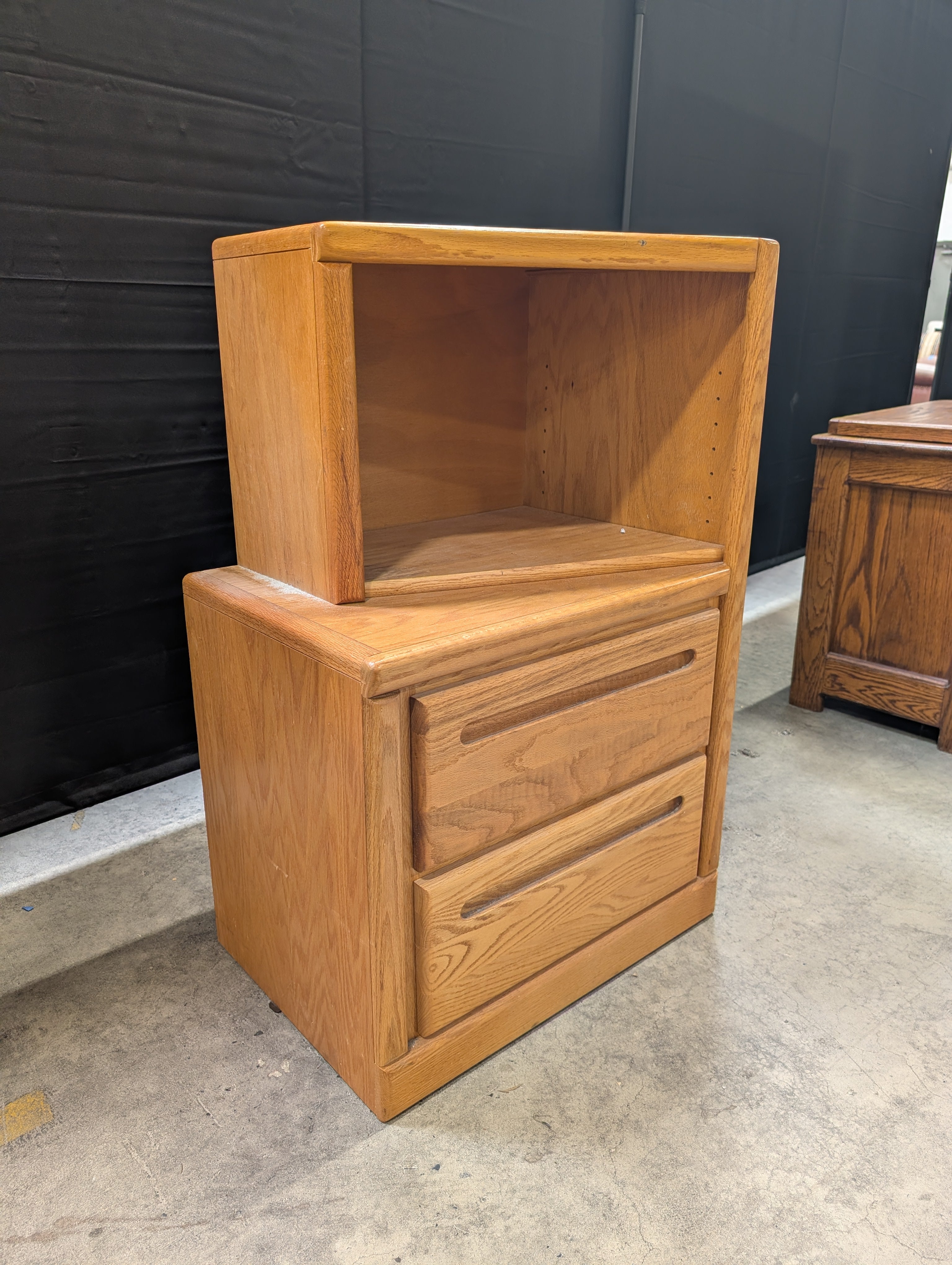 Honey Oak Two-Drawer Nightstand with Shelf