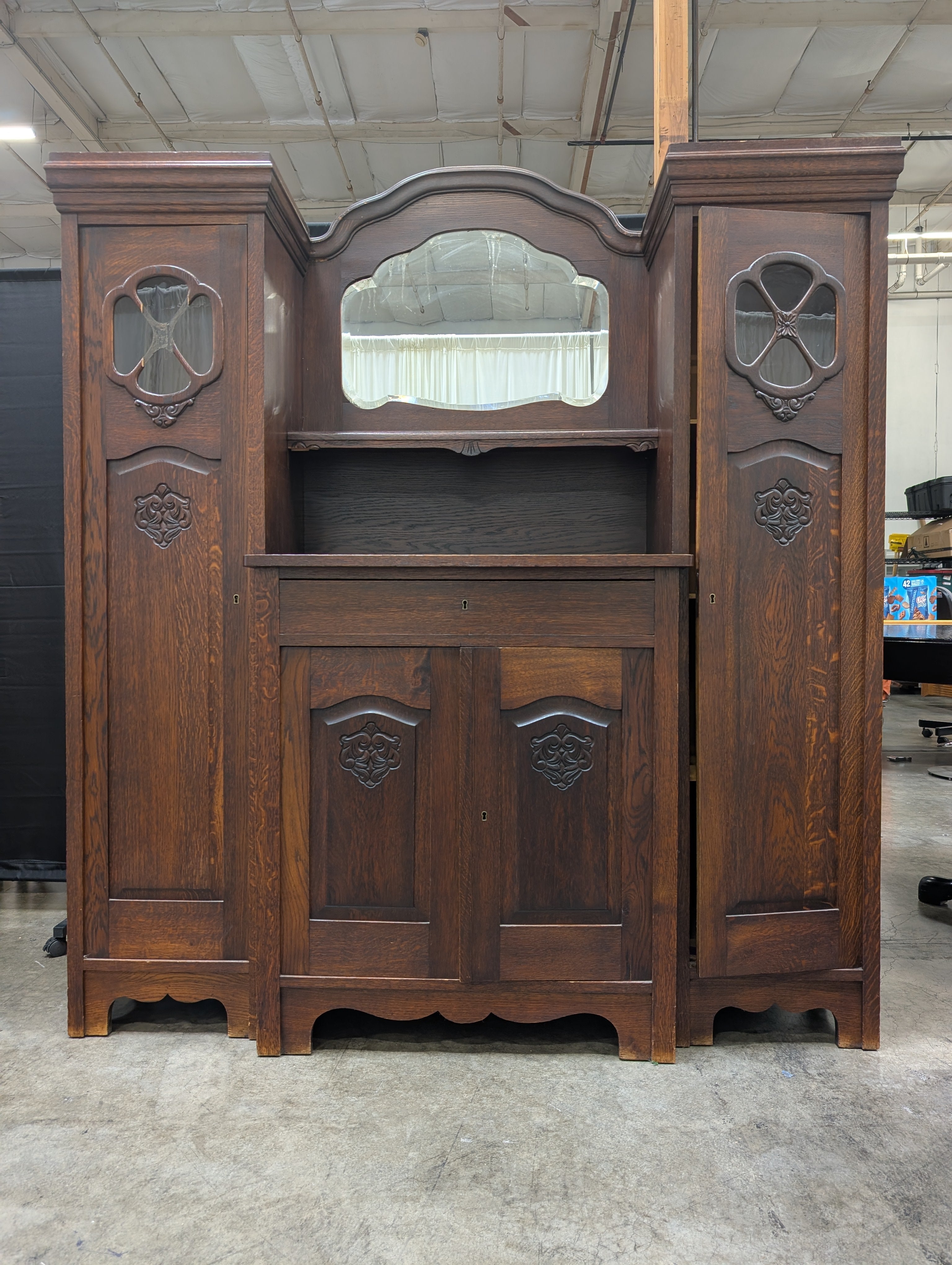 Carved Dark Wood China Cabinet with Mirror