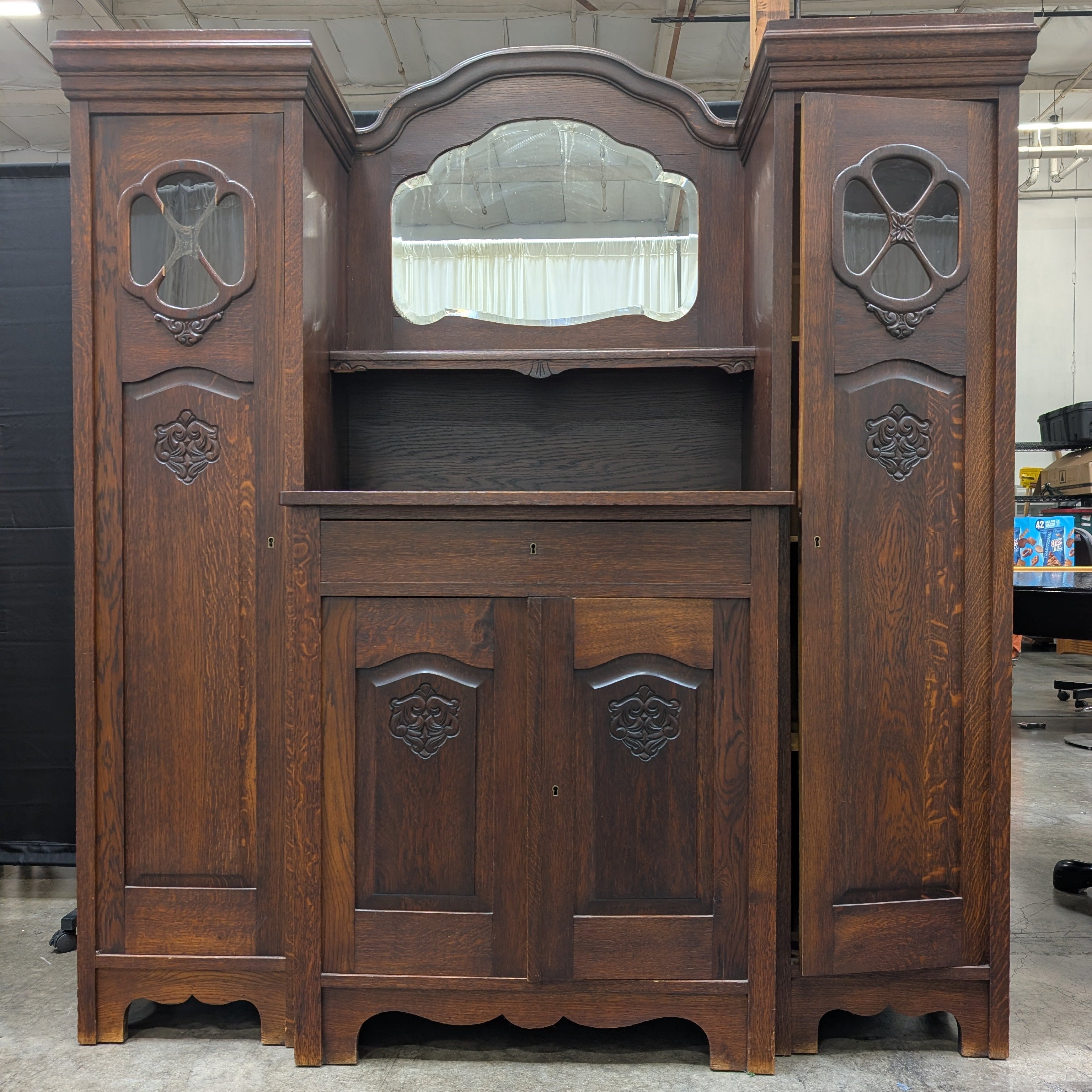 Carved Dark Wood China Cabinet with Mirror