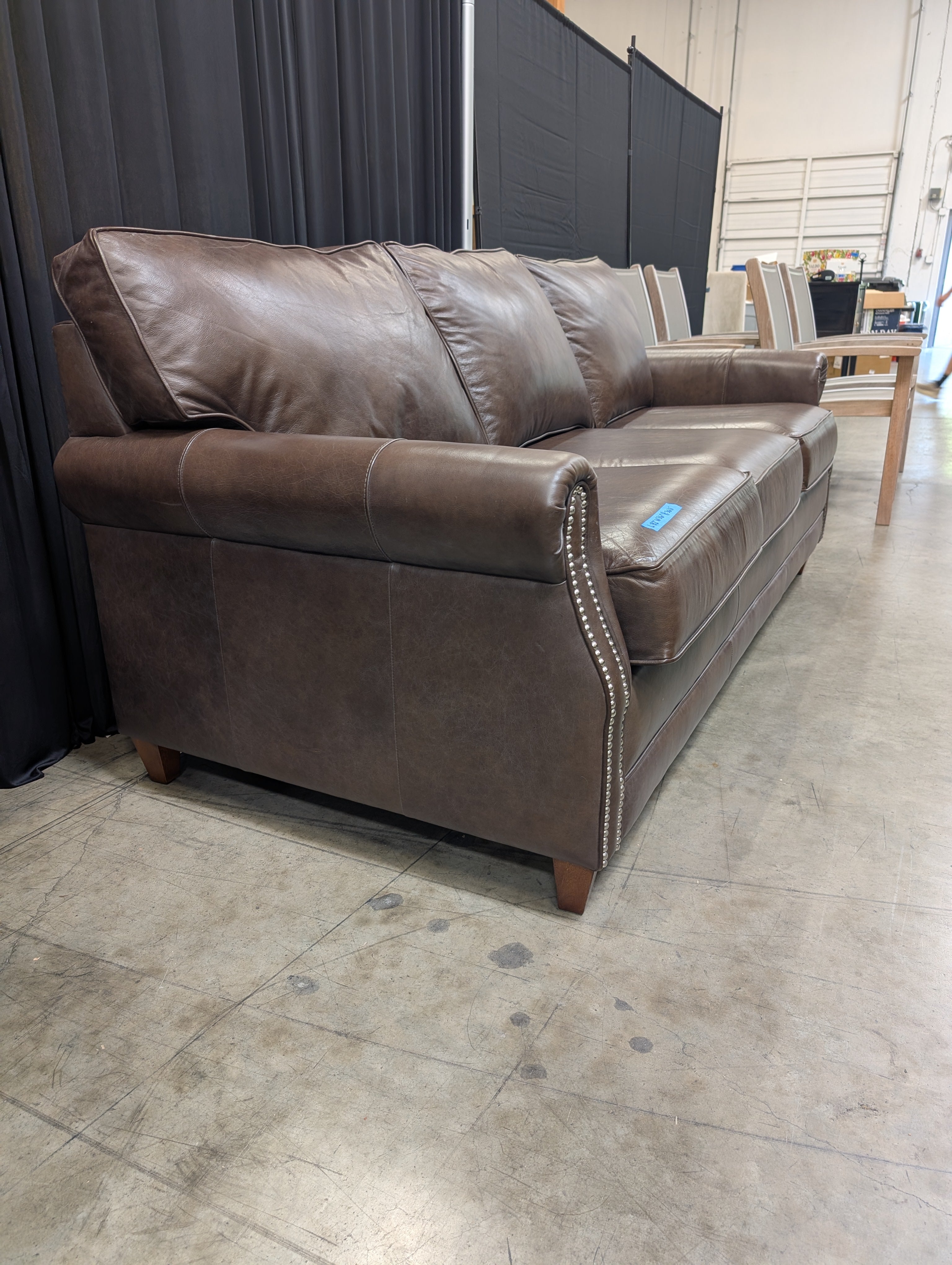 Brown Leather Three-Seat Couch with Nailhead Trim