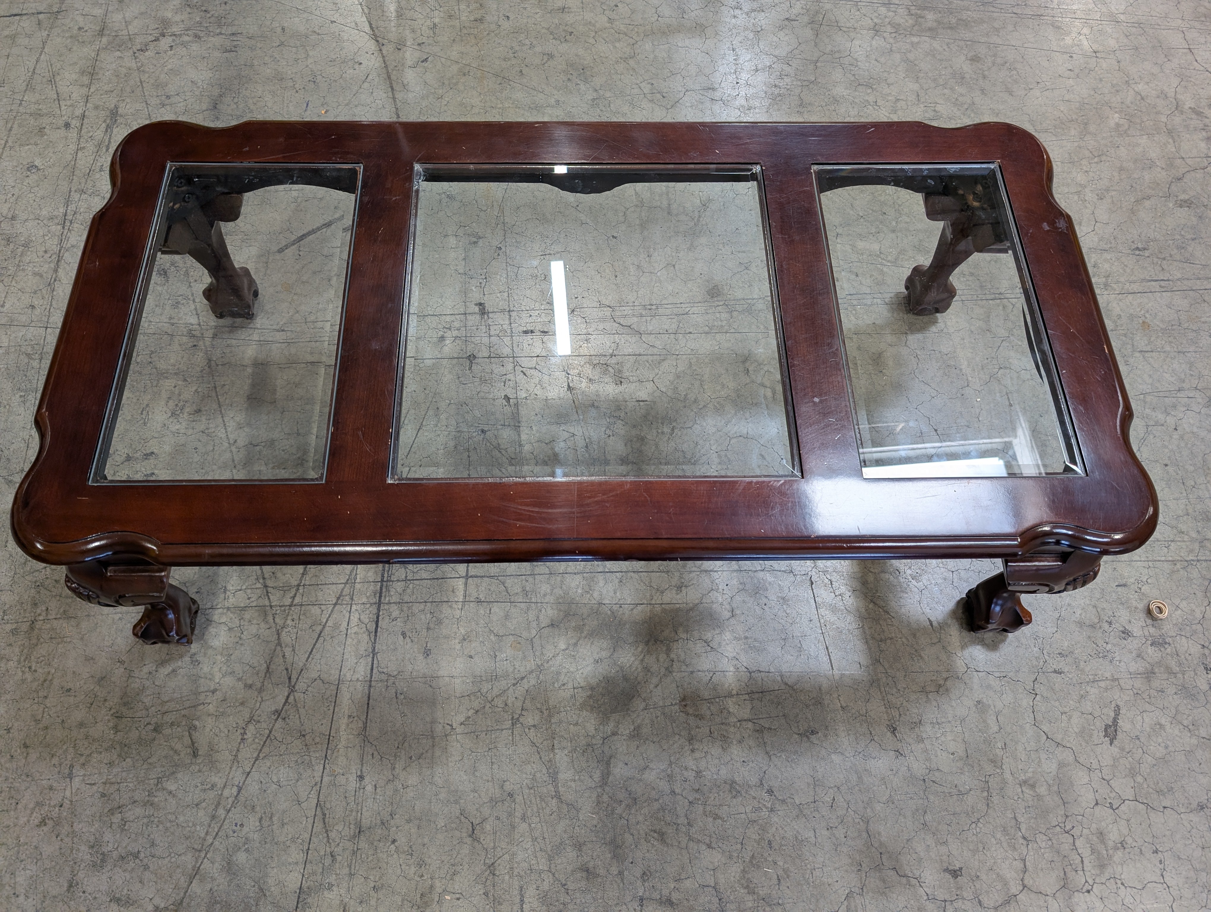 Dark Wood Rectangular Coffee Table with Three Glass Panels