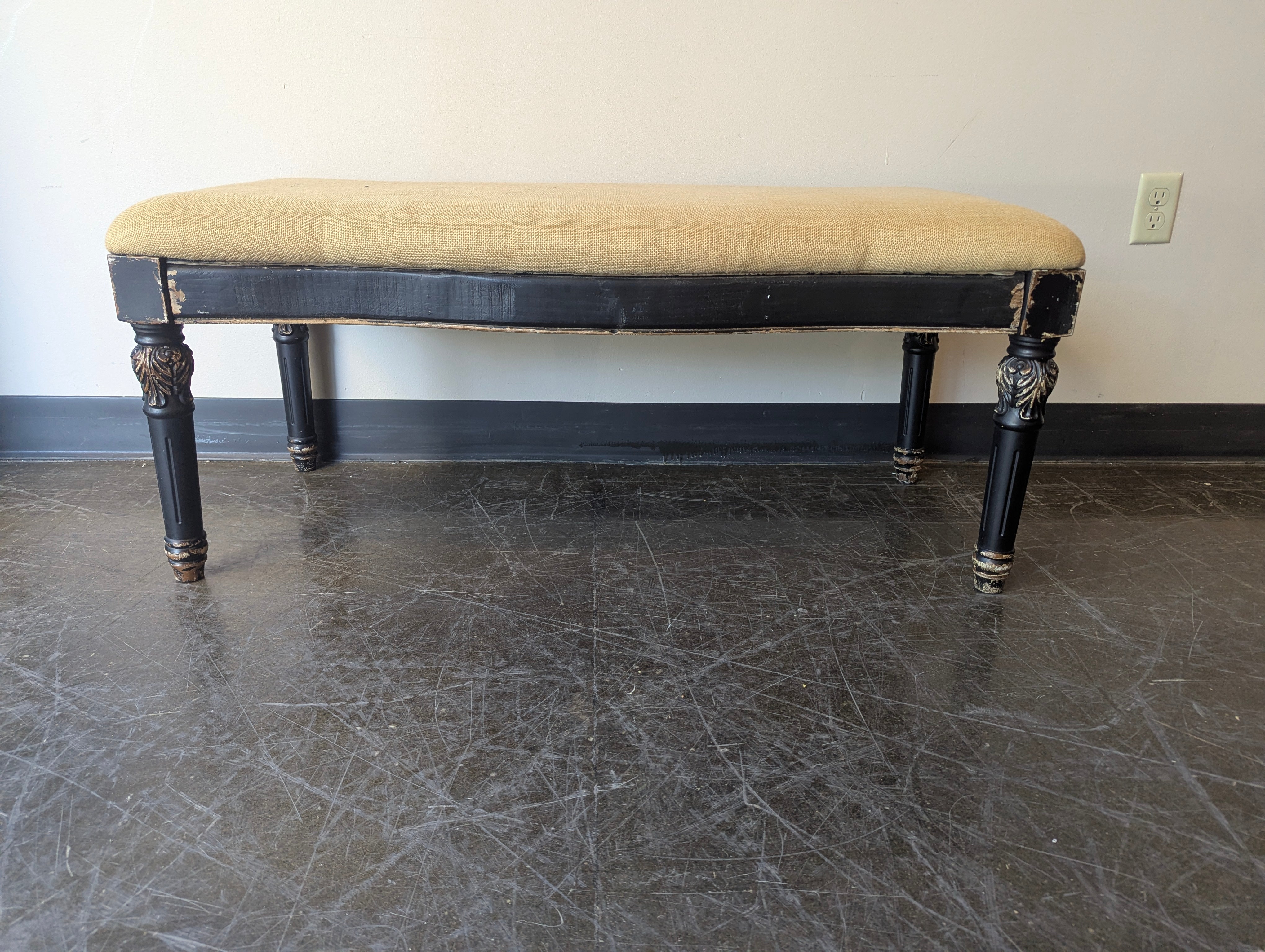 Distressed Black Upholstered Accent Bench with Carved Legs