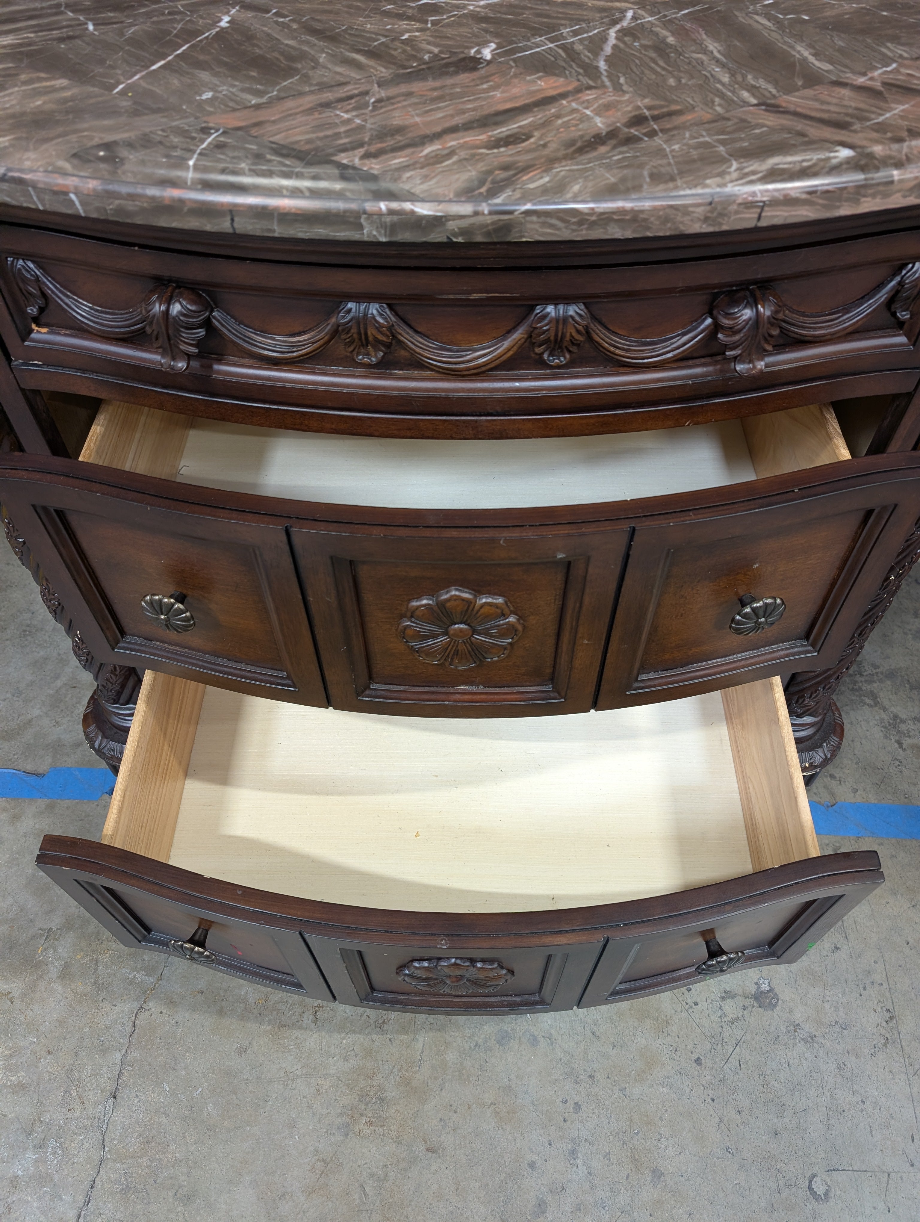 Carved Dark Wood Nightstand with Marble Top
