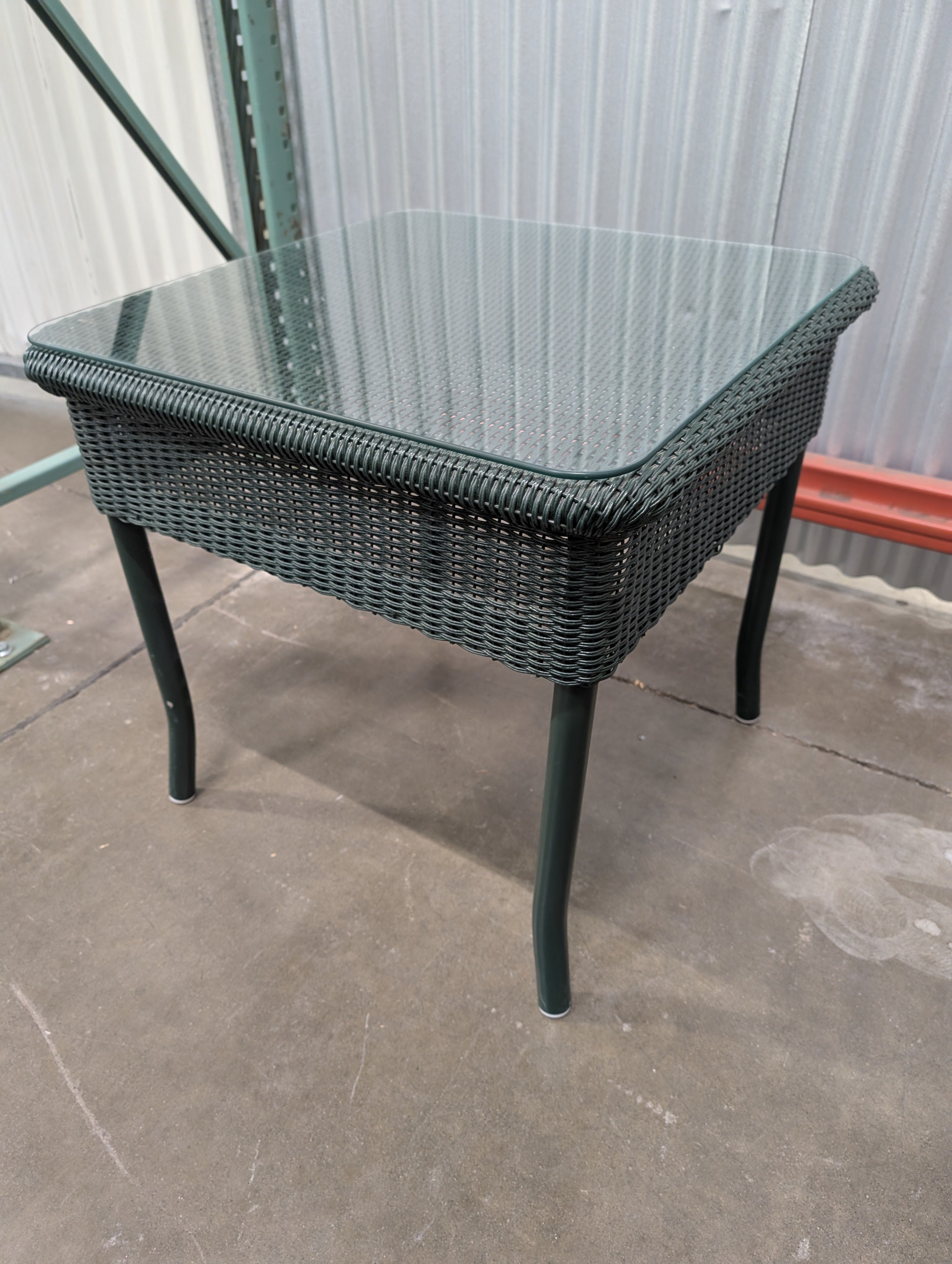 Small Green Resin Wicker Woven Outdoor Table with Glass Top
