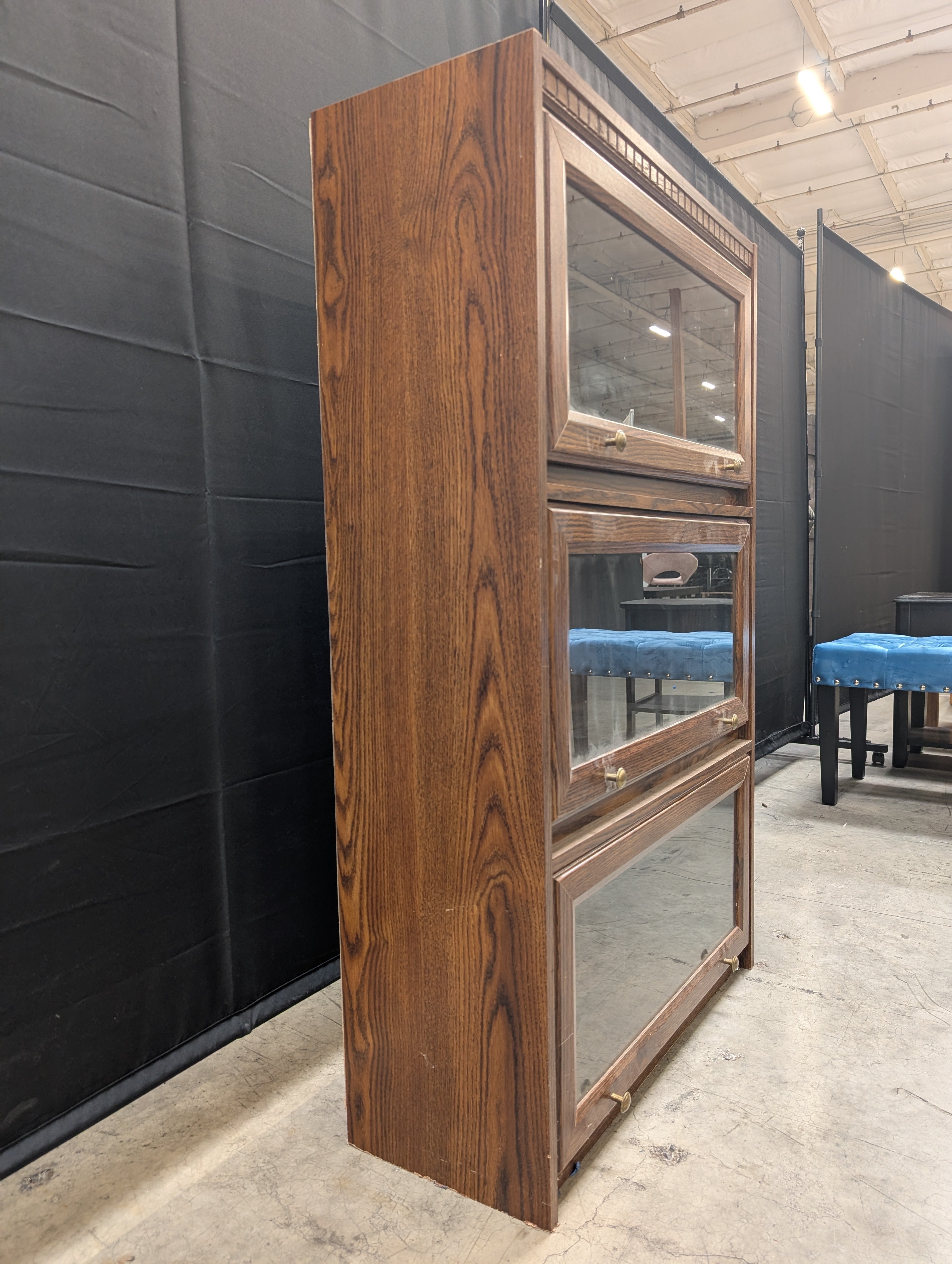 Three-Tier Stacking Oak Barrister Bookcase with Glass Doors