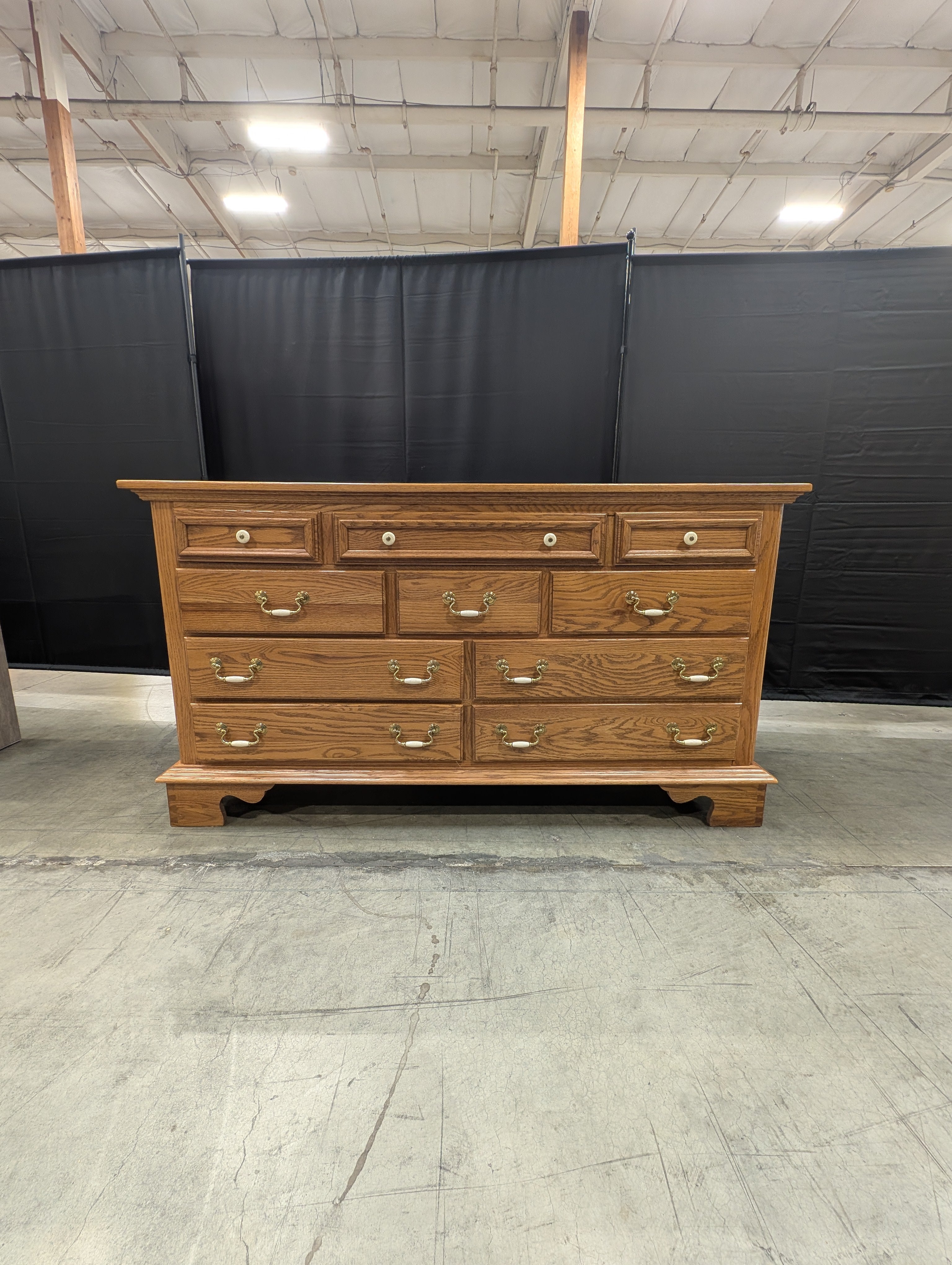 KELLER Furniture Oak Finish Chest of Drawers with Brass Hardware