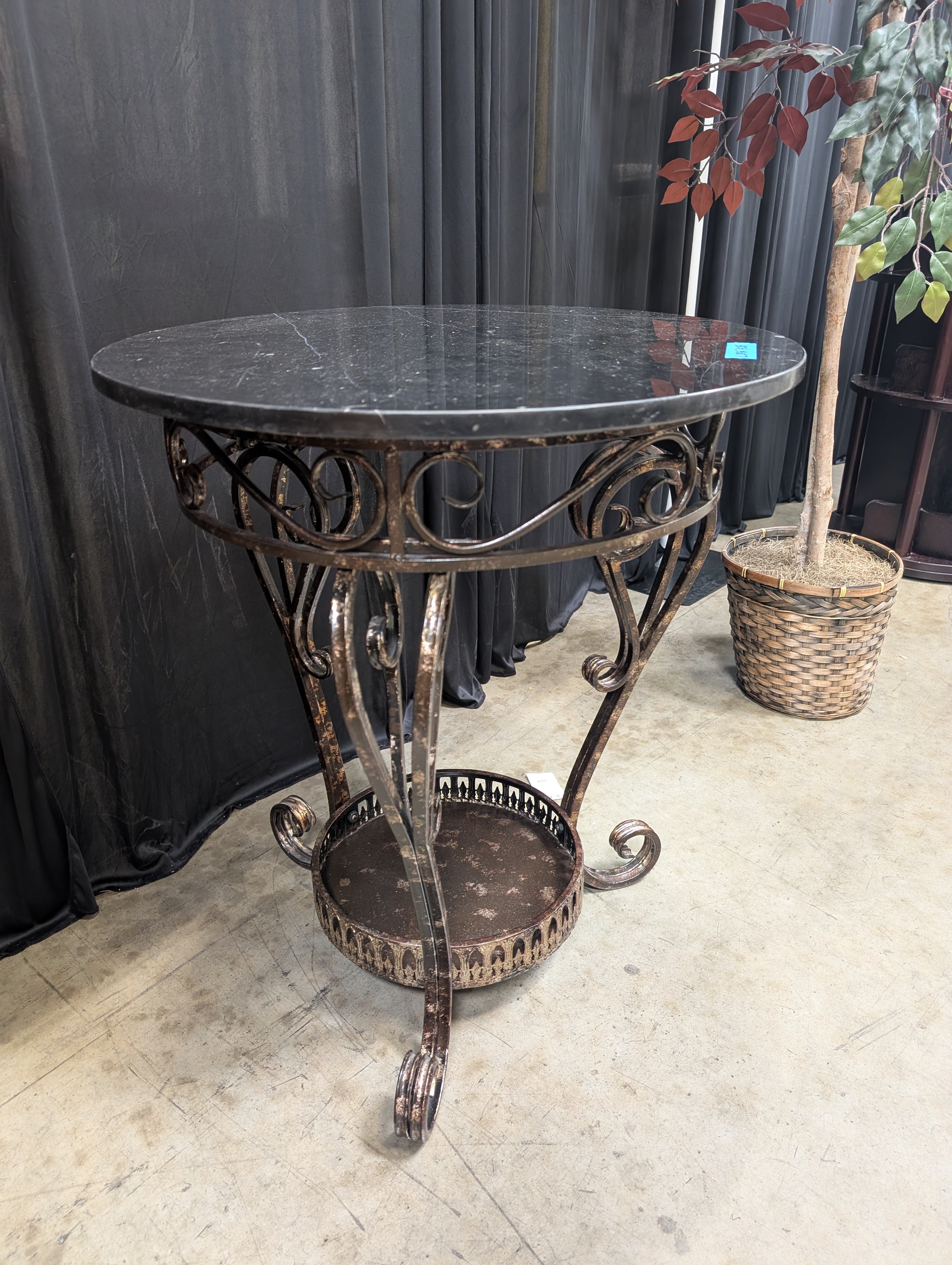 Round Black Marble End Table with Scrollwork Base