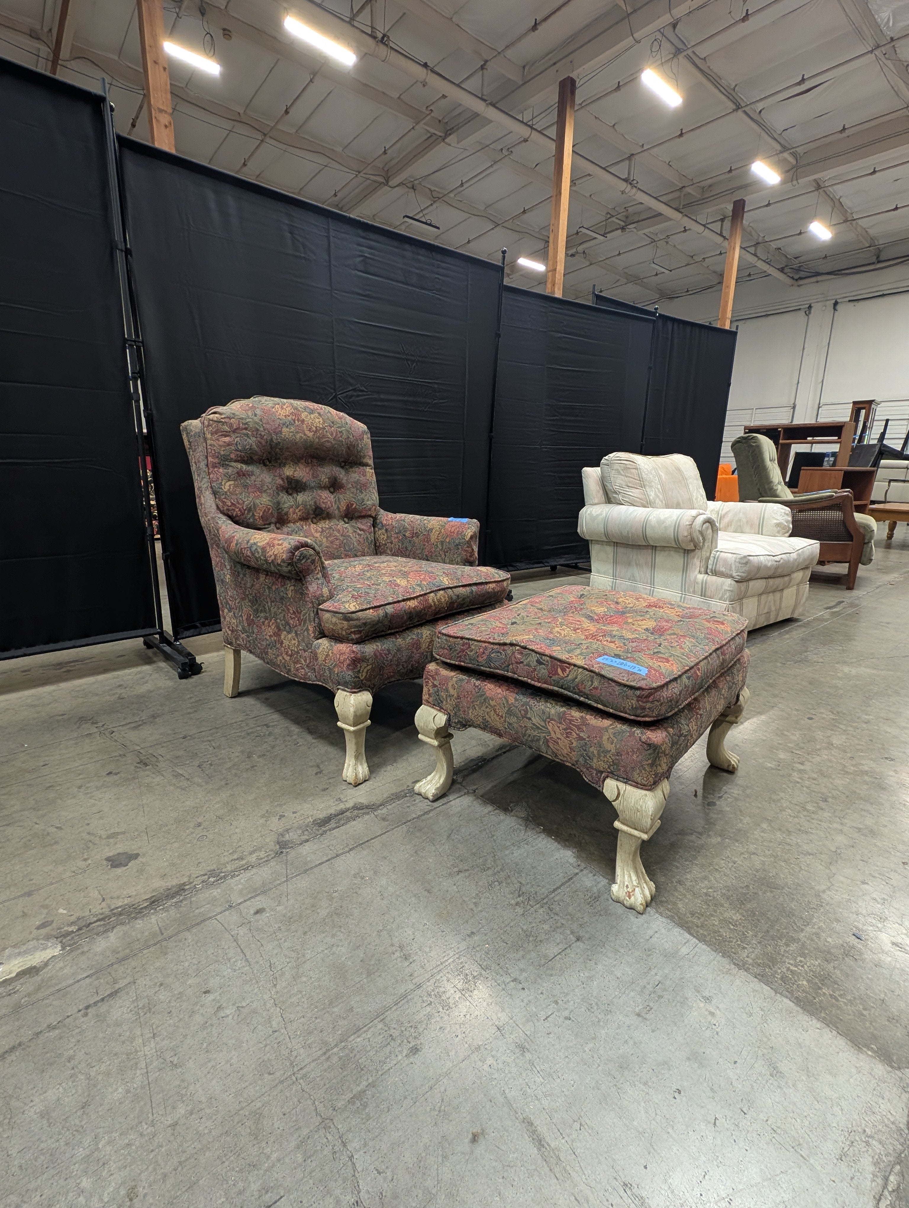 Used Traditional Floral Pattern Upholstered Armchair with Claw Feet