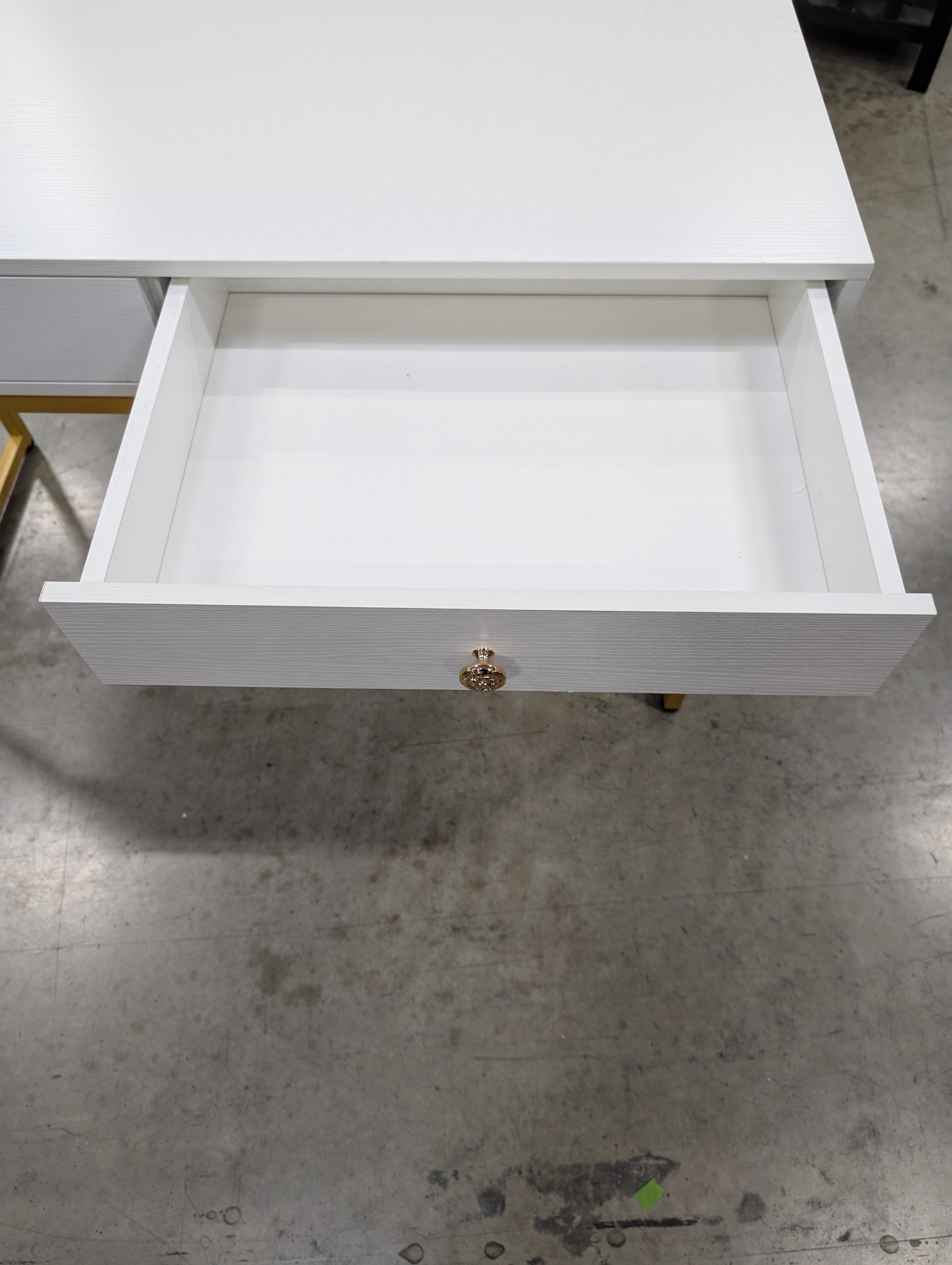 Modern Grey Wood Grain Desk with Gold Tone Metal Frame