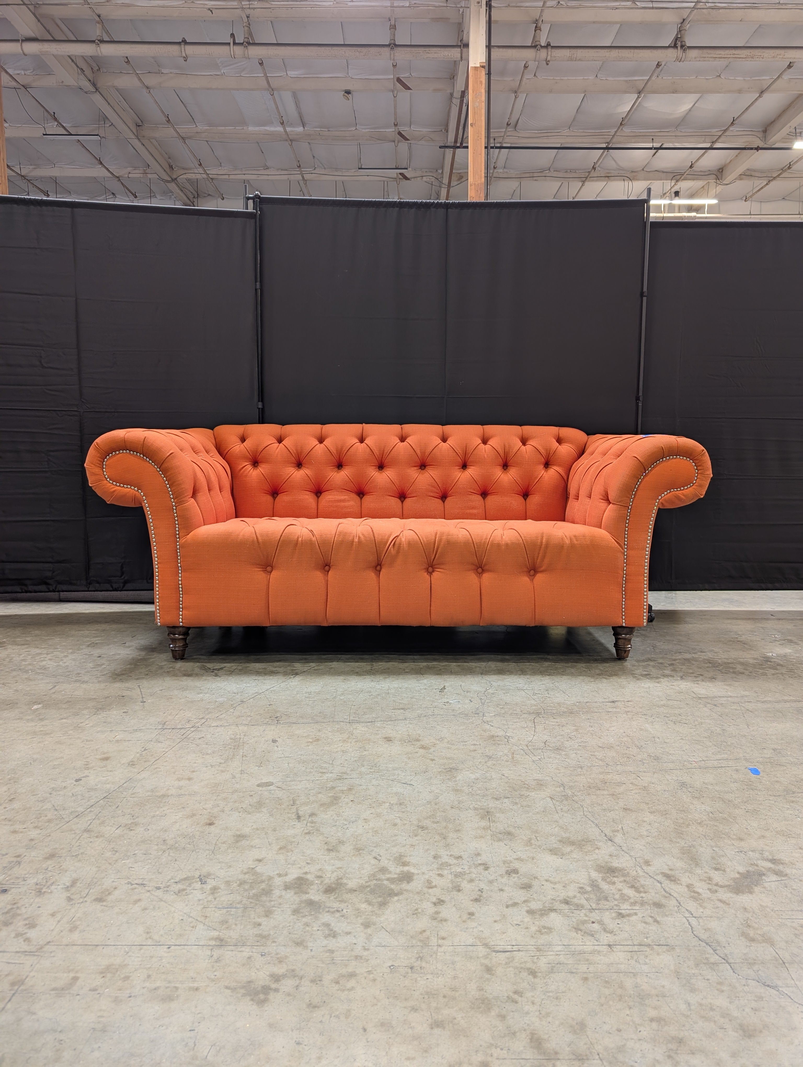 Vibrant Orange Button-Tufted Chesterfield Style Settee