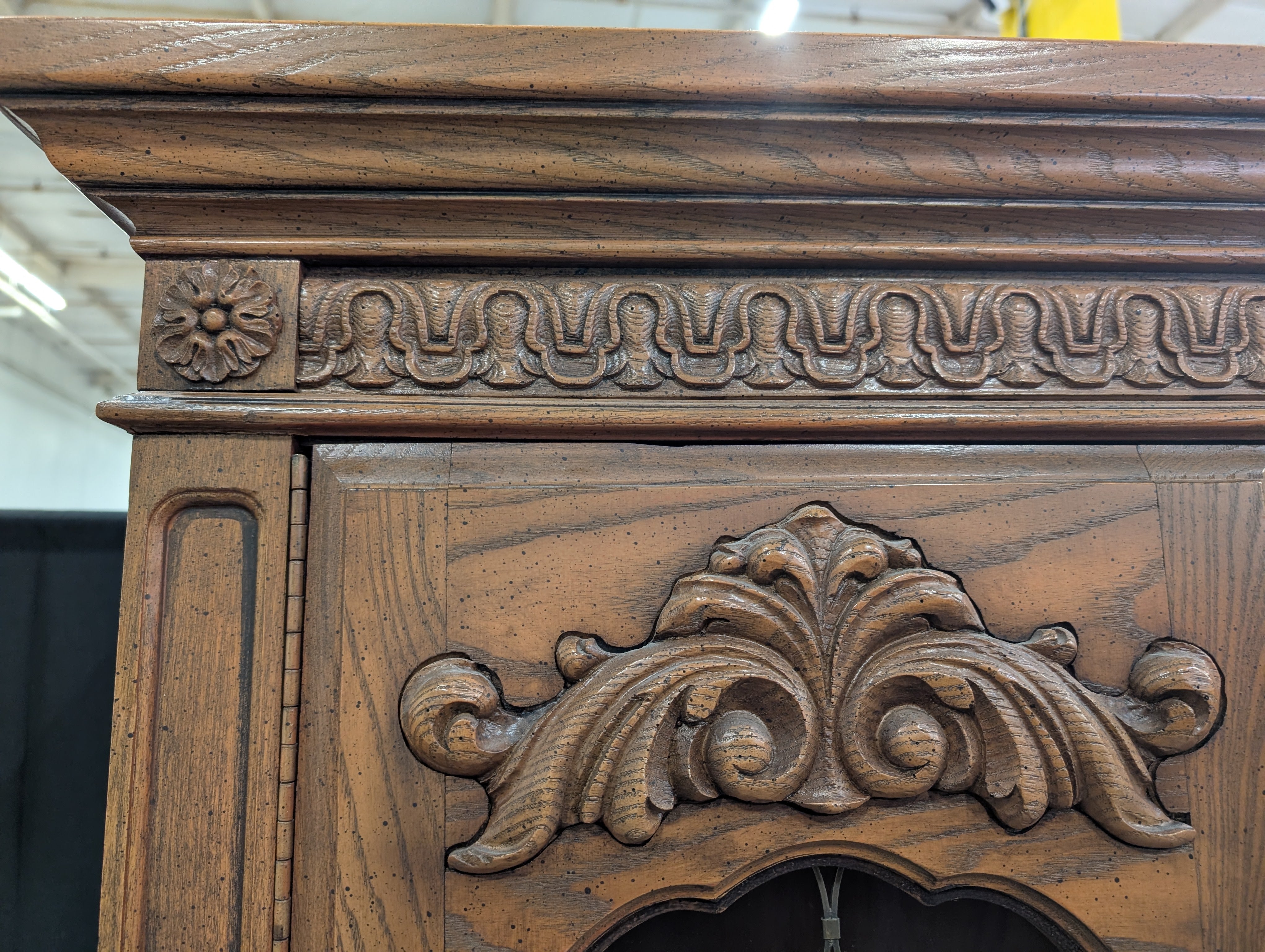 Ornate Wood Display Cabinet with Leaded Glass Doors