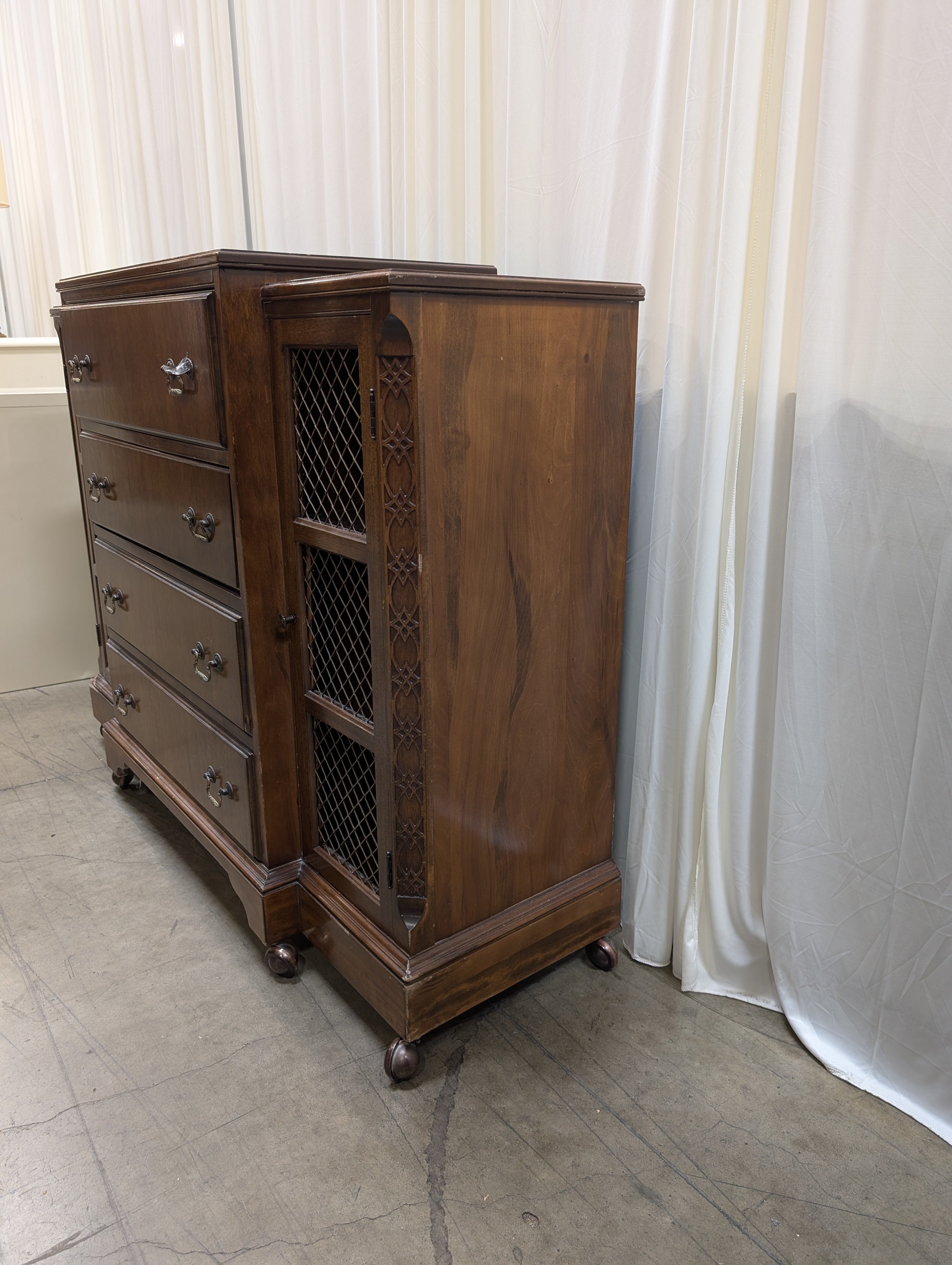 Vintage Stepped Top Wood Secretary Desk with Mesh Doors