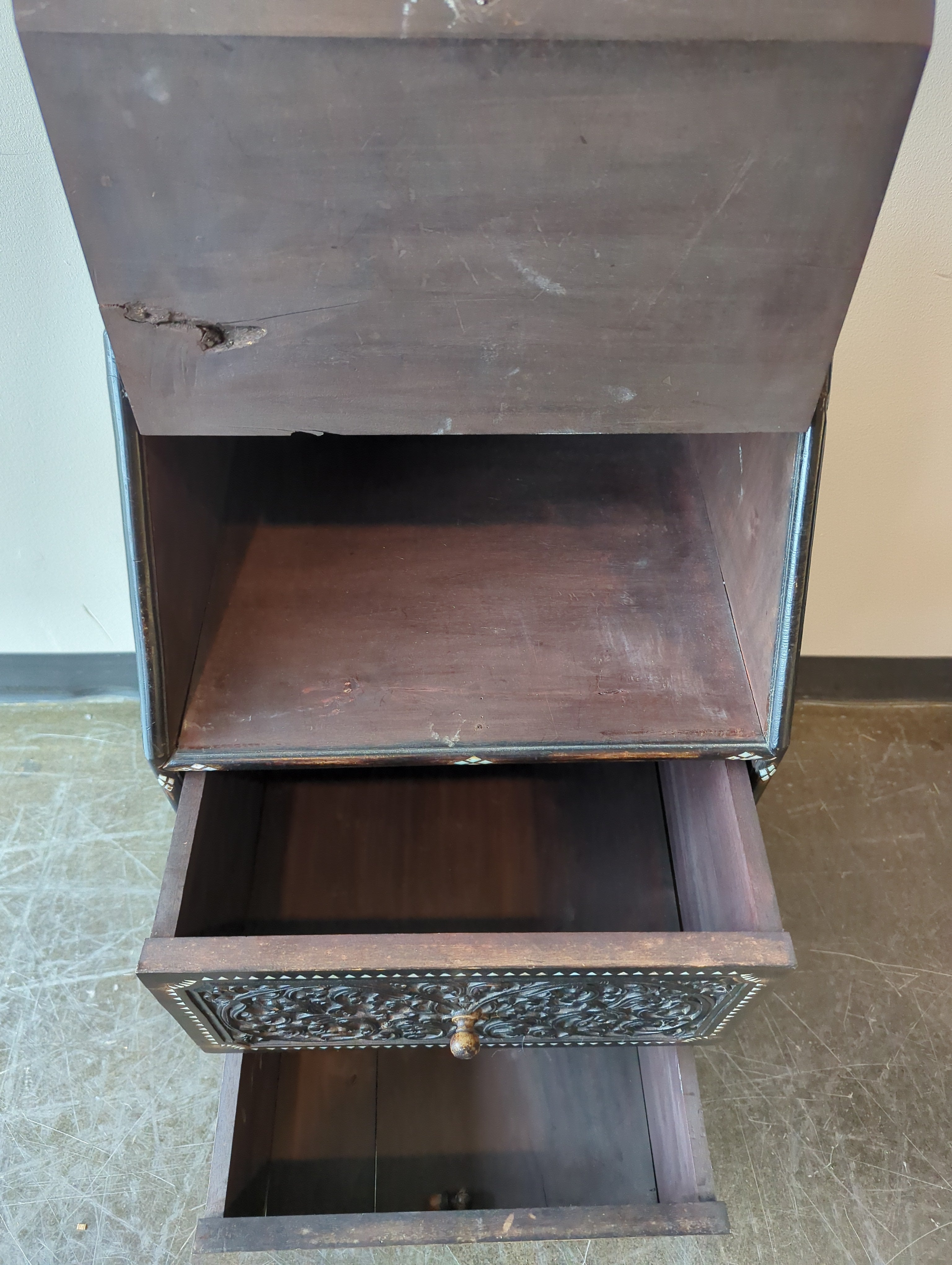 Intricate Carved Dark Wood Inlay Secretary Desk