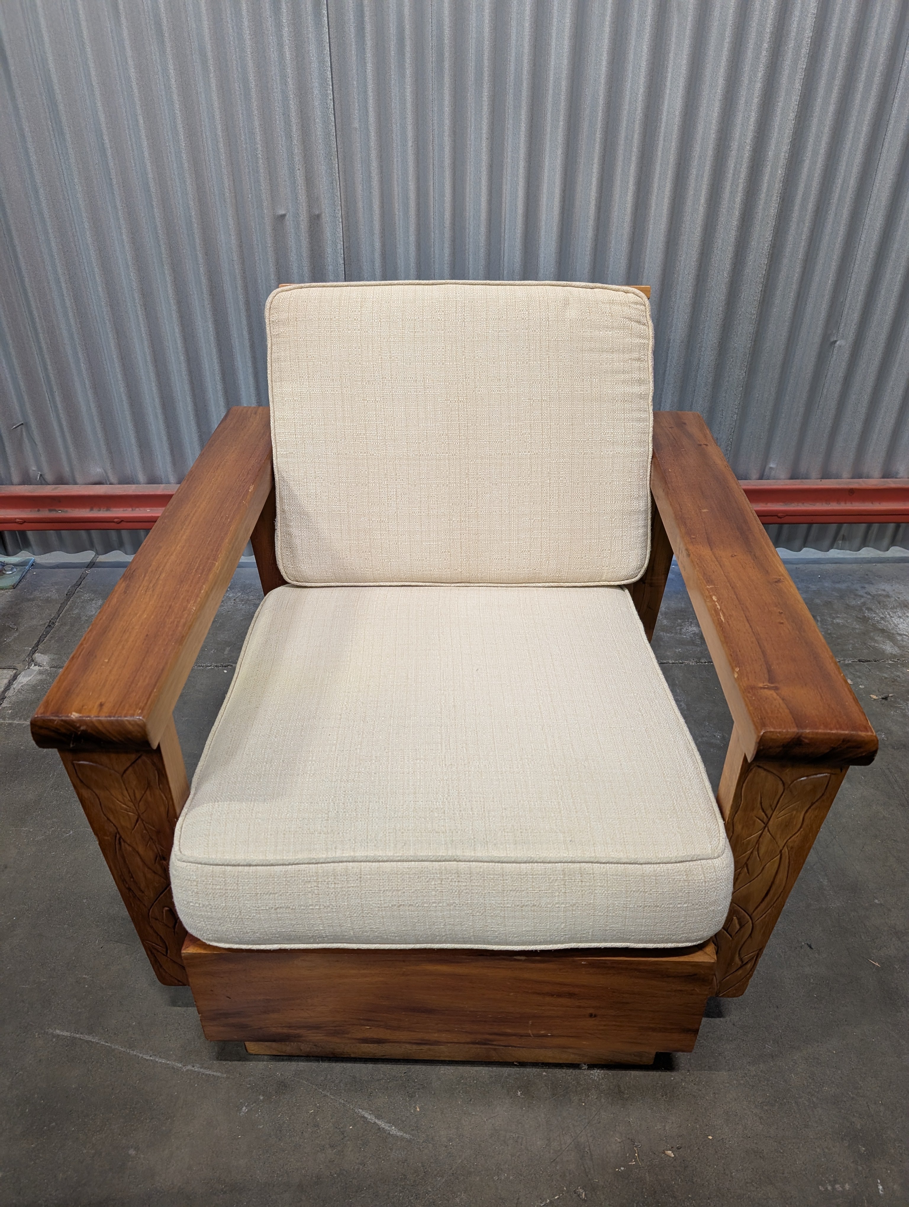 Mid-Century Modern Hardwood Armchair with Carved Leaf Design