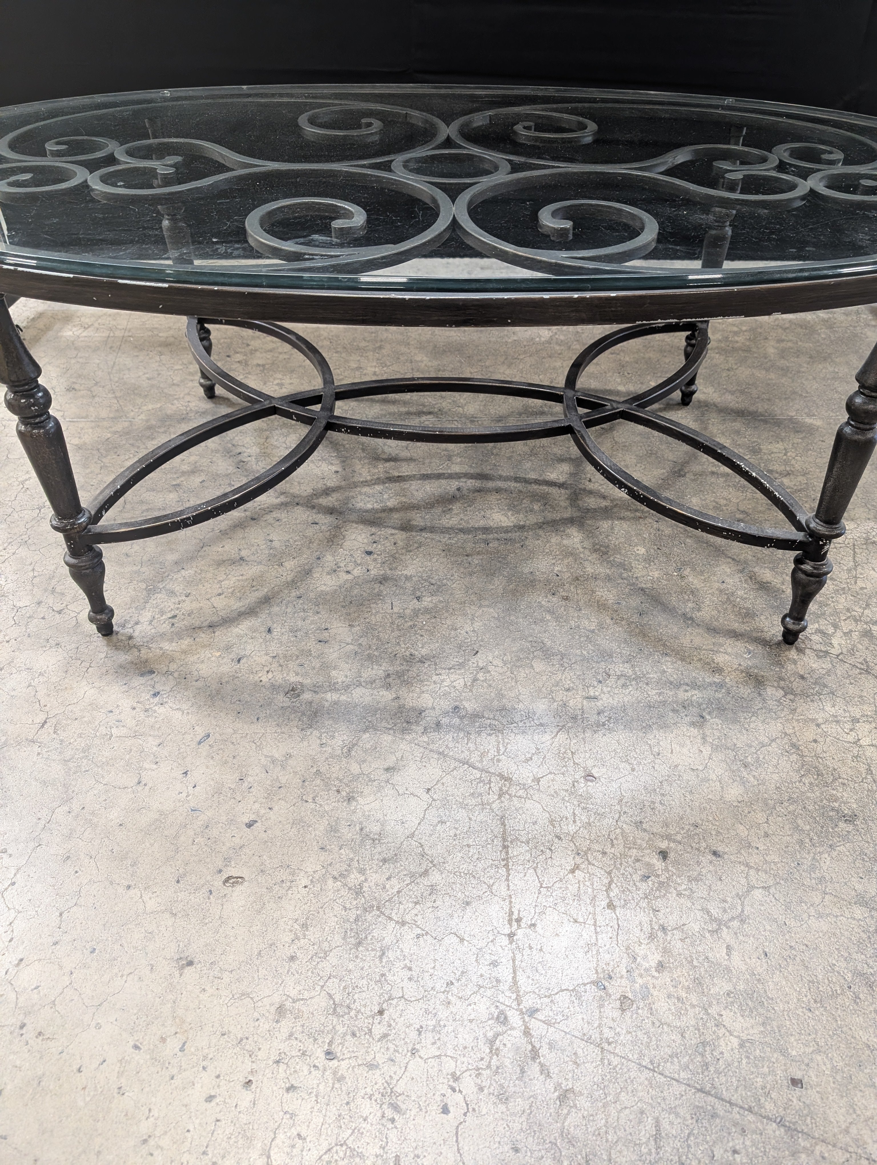 Ornate Scrollwork Metal and Glass Oval Coffee Table
