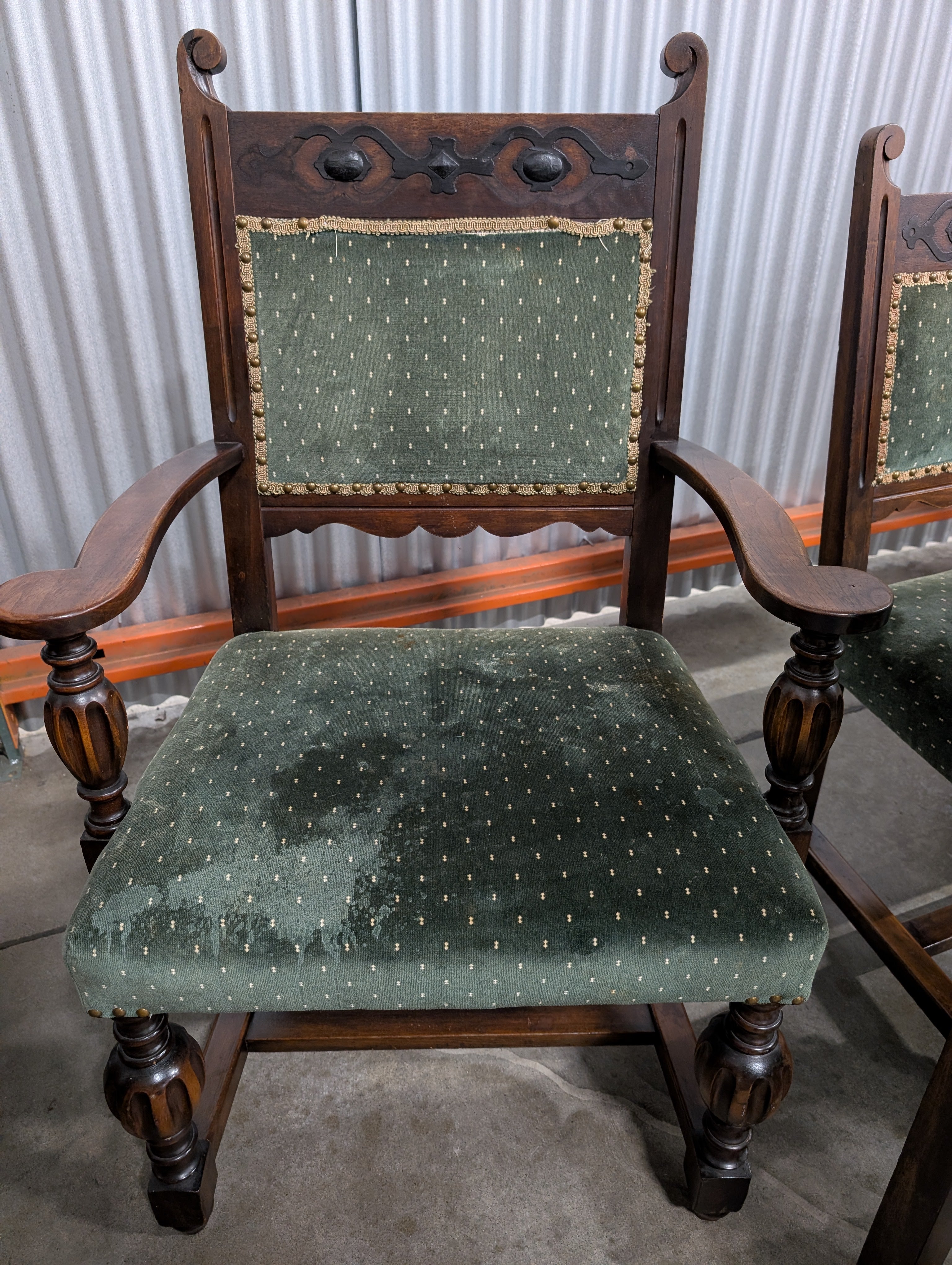 Set of Five- Vintage Carved Wood Accent Chair with Green Upholstery