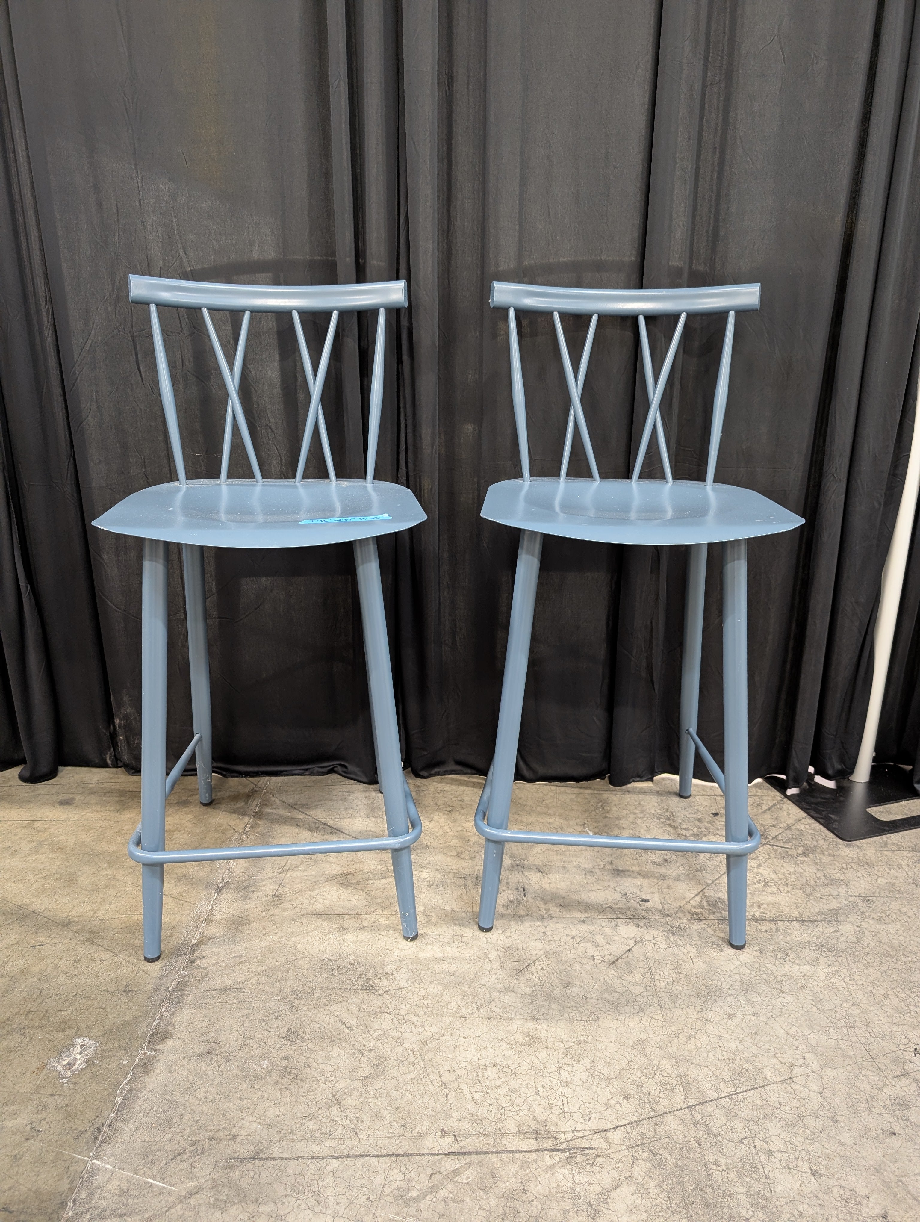 Pair of Blue Metal Cross-Back Bar Stool