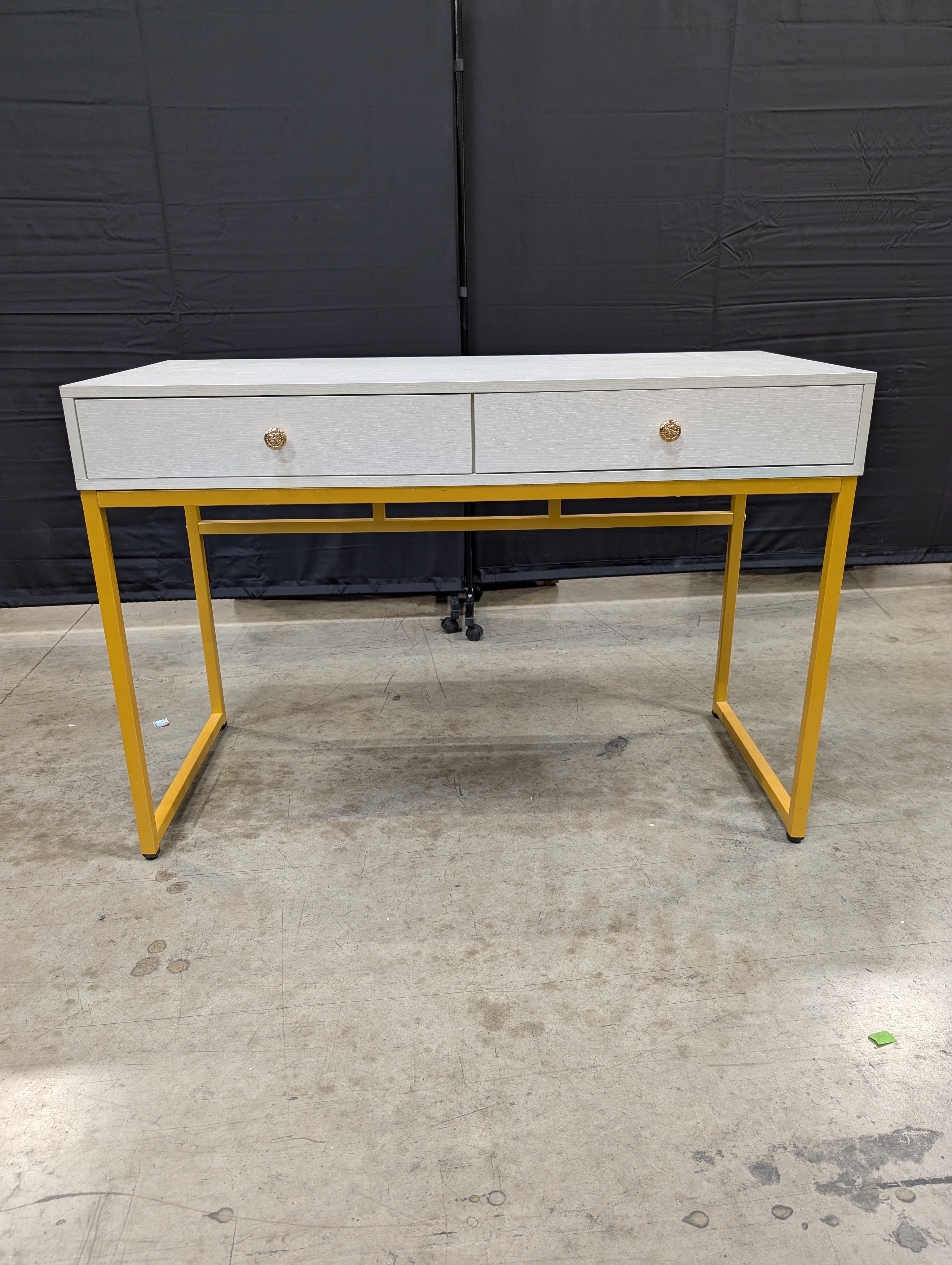 Modern Grey Wood Grain Desk with Gold Tone Metal Frame