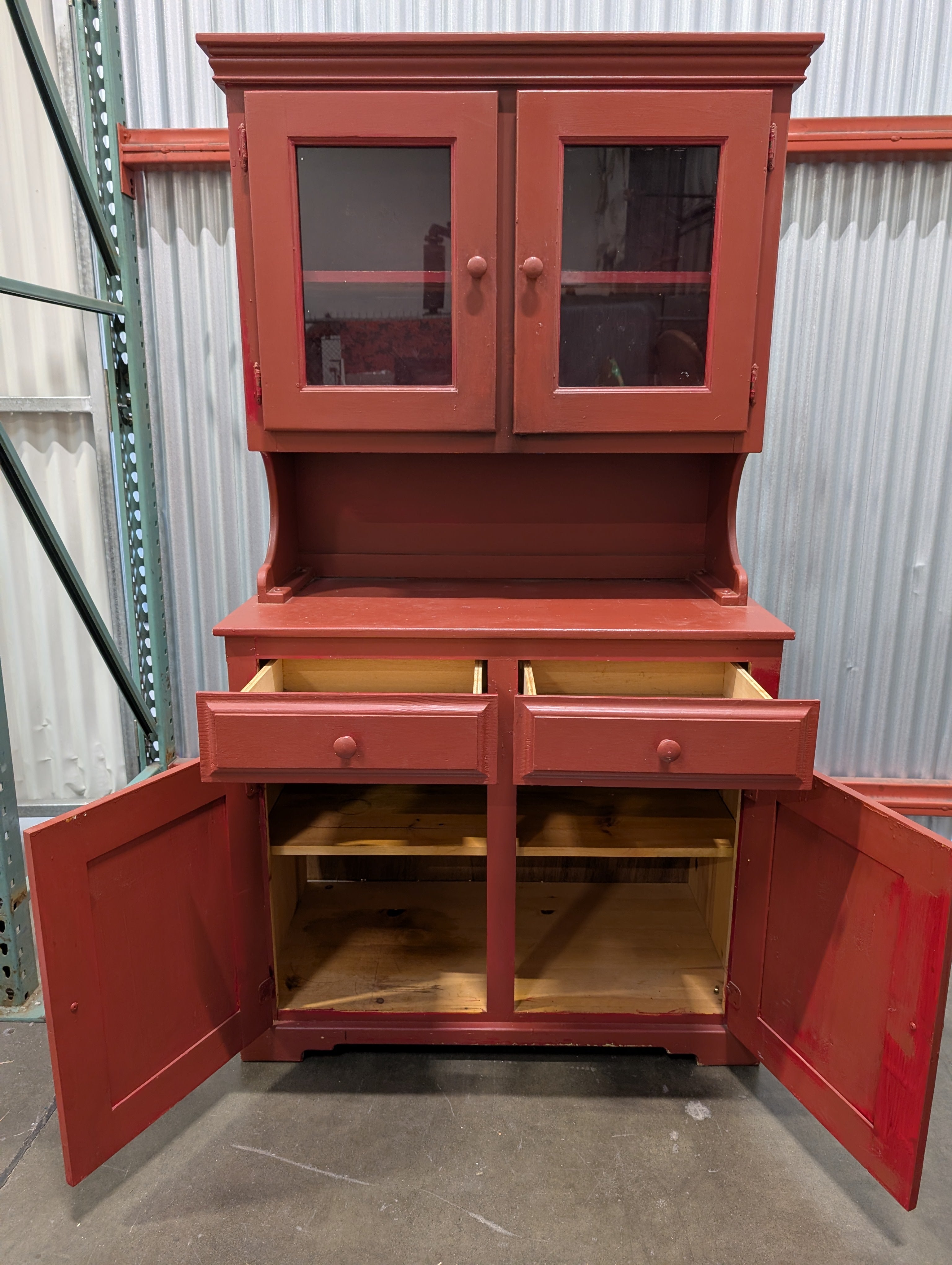 Traditional Red Wood Hutch Cabinet with Glass Doors