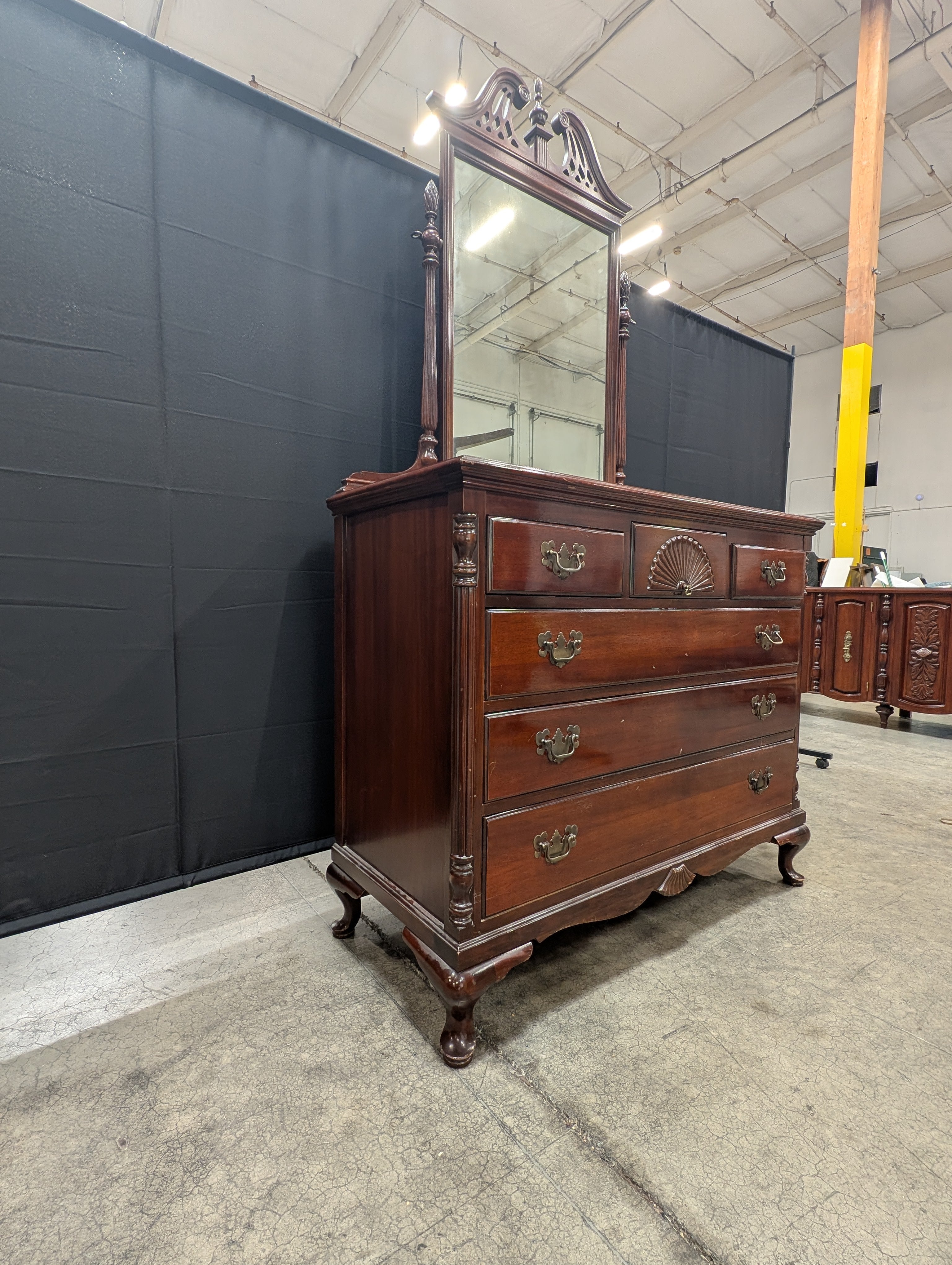 Traditional Carved Wood Dresser with Attached Mirror