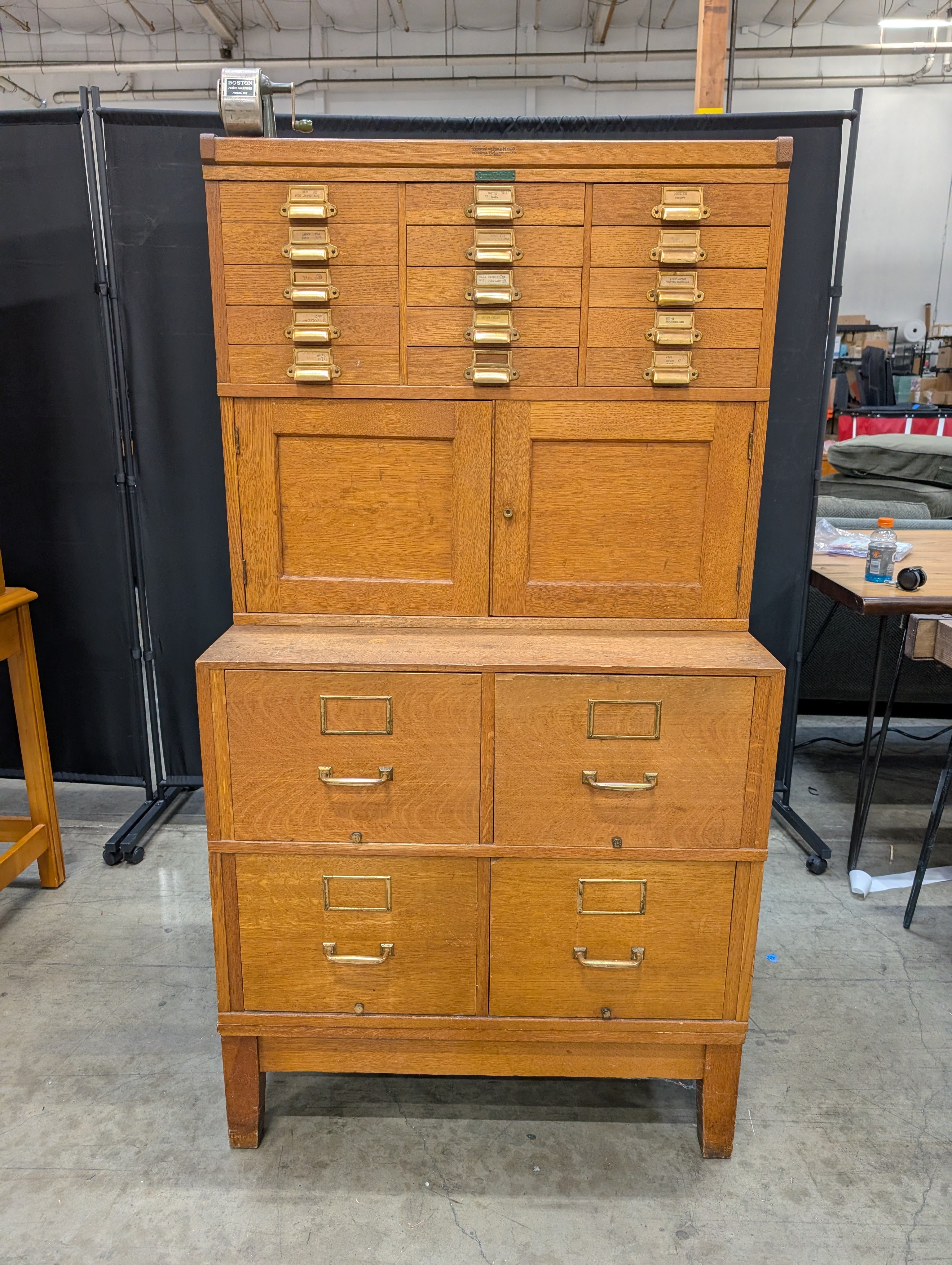 Vintage Yawman & Erbe Manufacturing Co. Oak Multi-Drawer Filing Cabinet with Brass Hardware