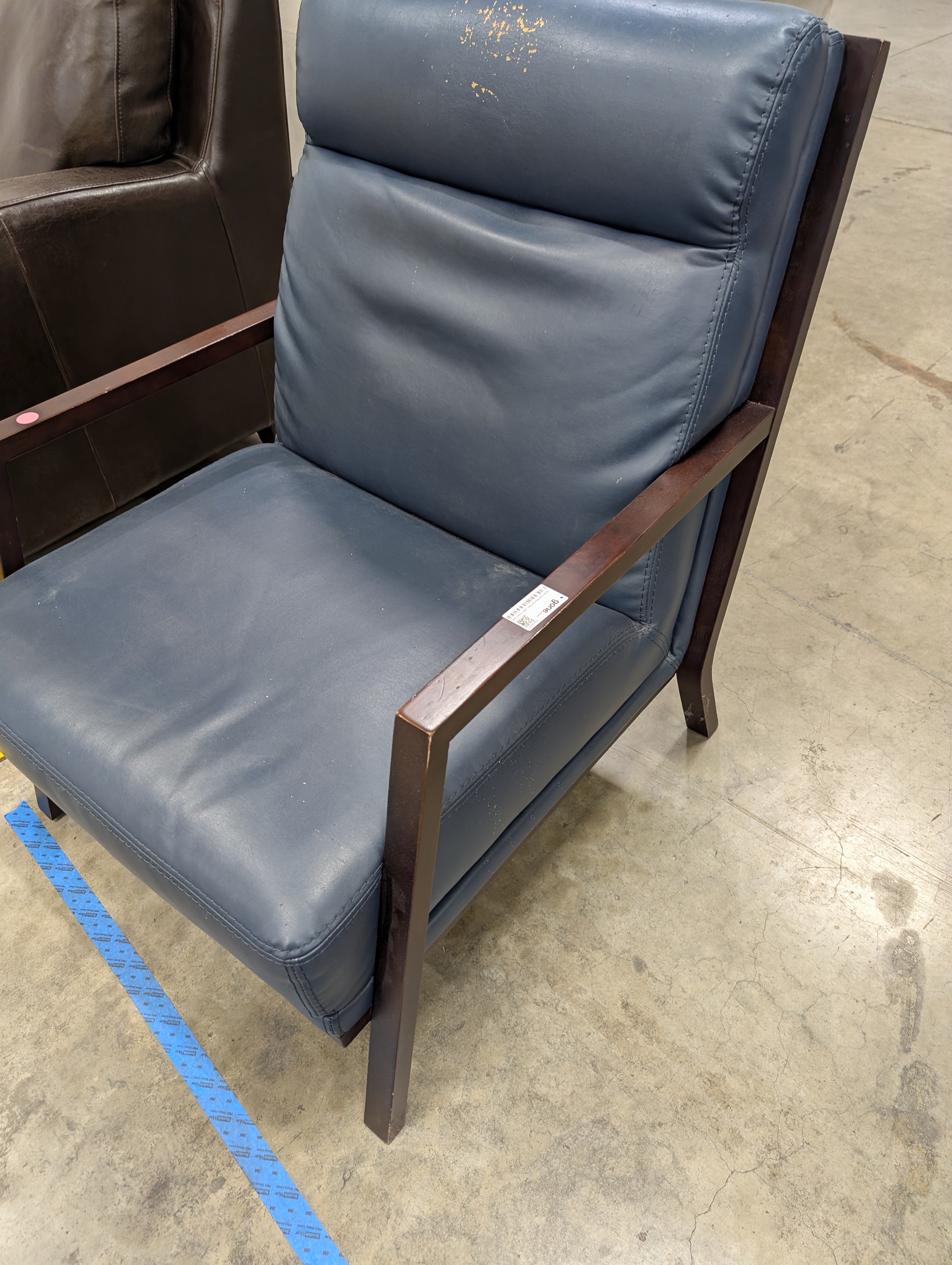 Warehouse Sale: Modern Dark Wood and Blue Leather Accent Chair
