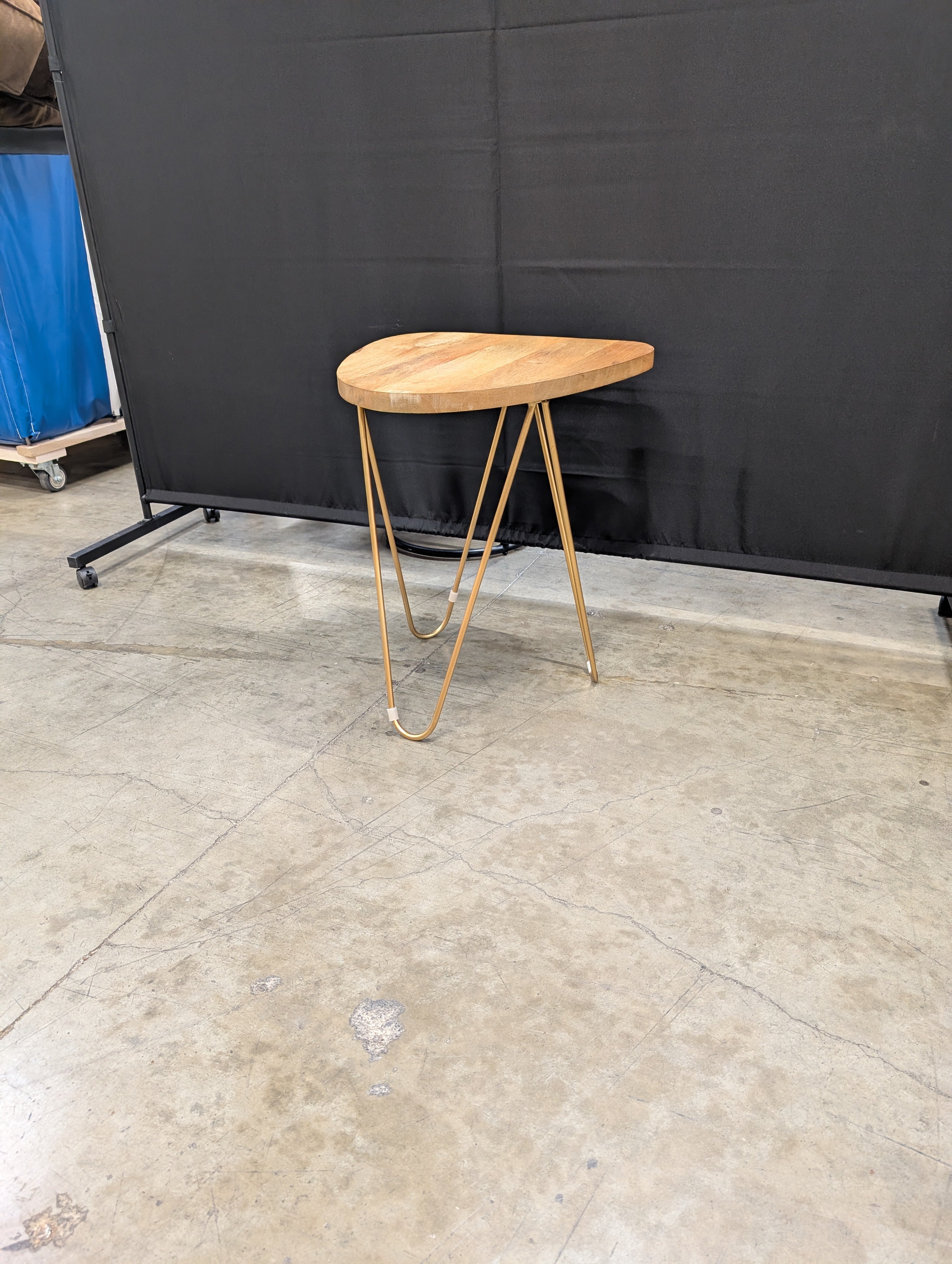 Mid-Century Modern Natural Wood Irregular Side Table with Gold Hairpin Legs