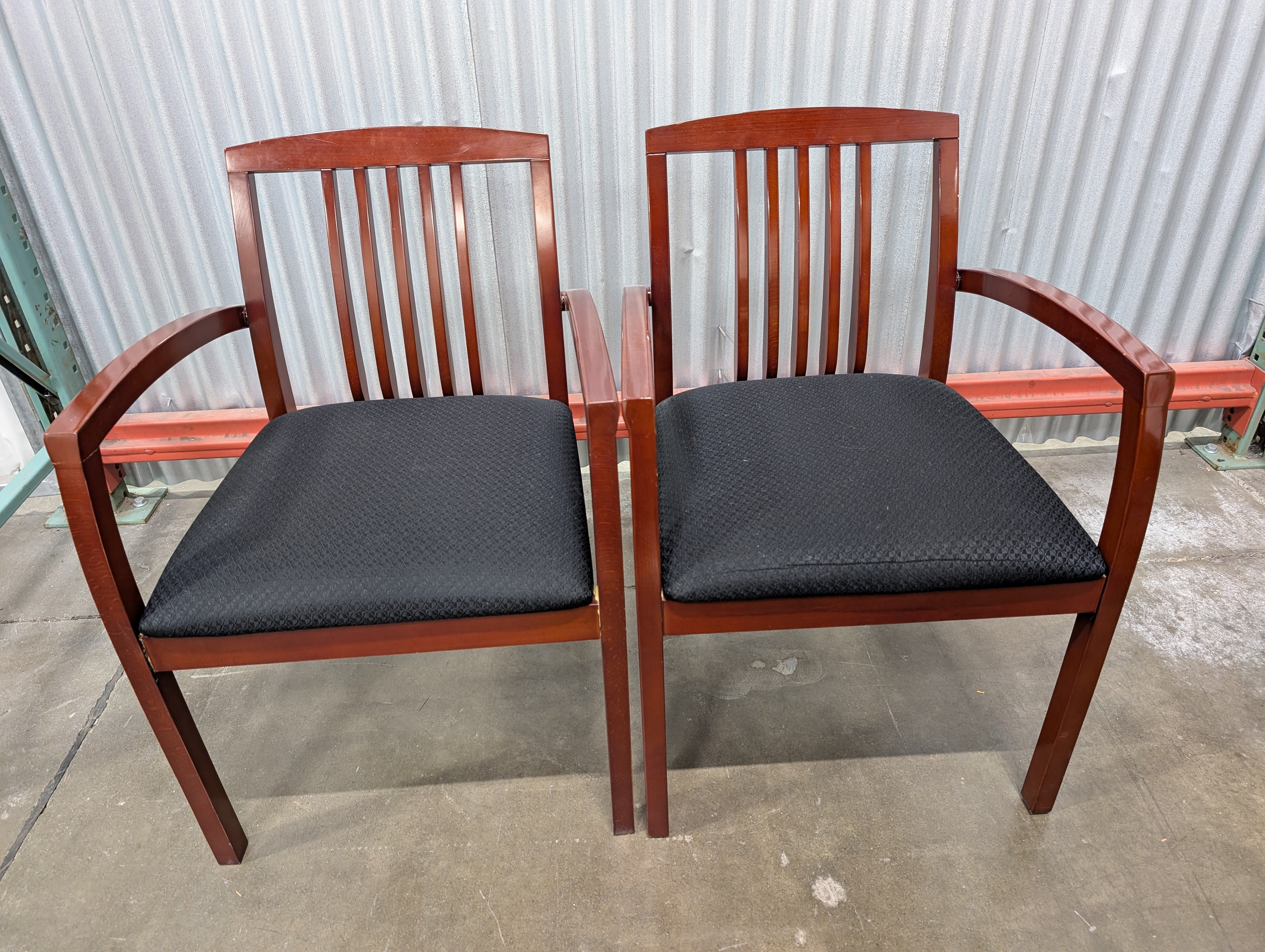 Pair of Dark Wood Armchairs with Woven Fabric Seats
