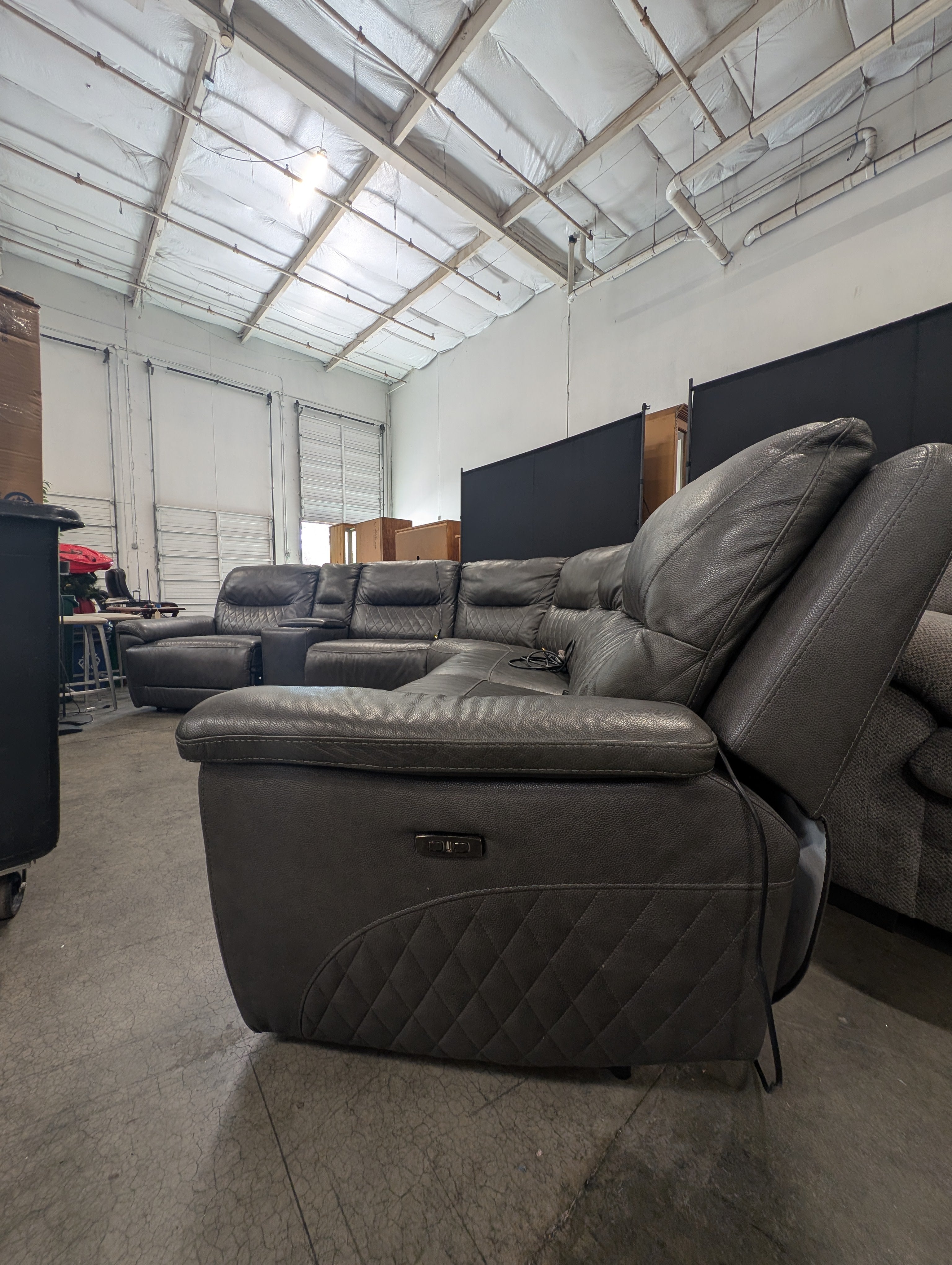 Dark Grey Leather Power Reclining Six Piece Sectional Sofa