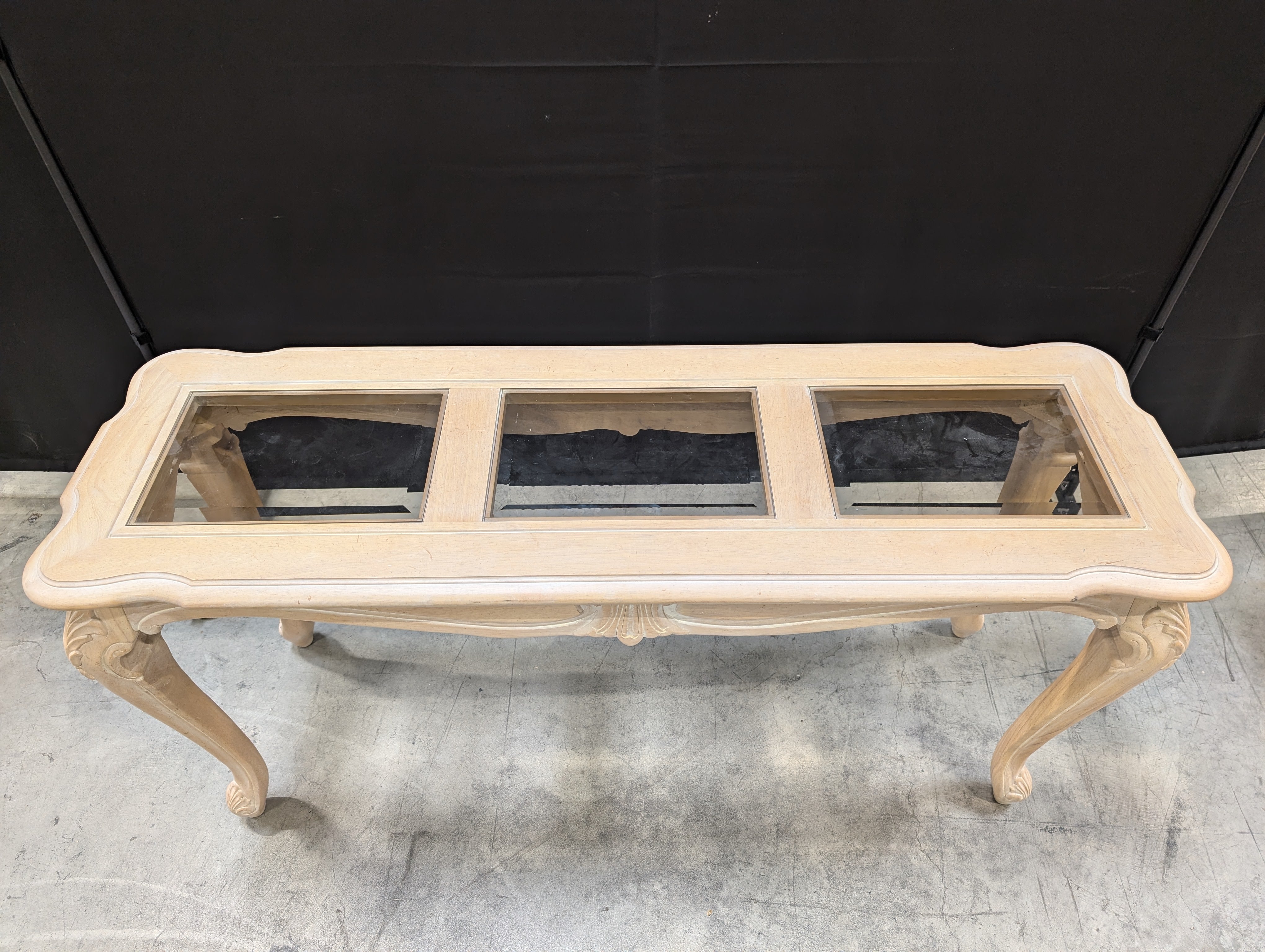 Ornate Carved Wood Hooker Furniture Console Table with Three Glass Top Panels