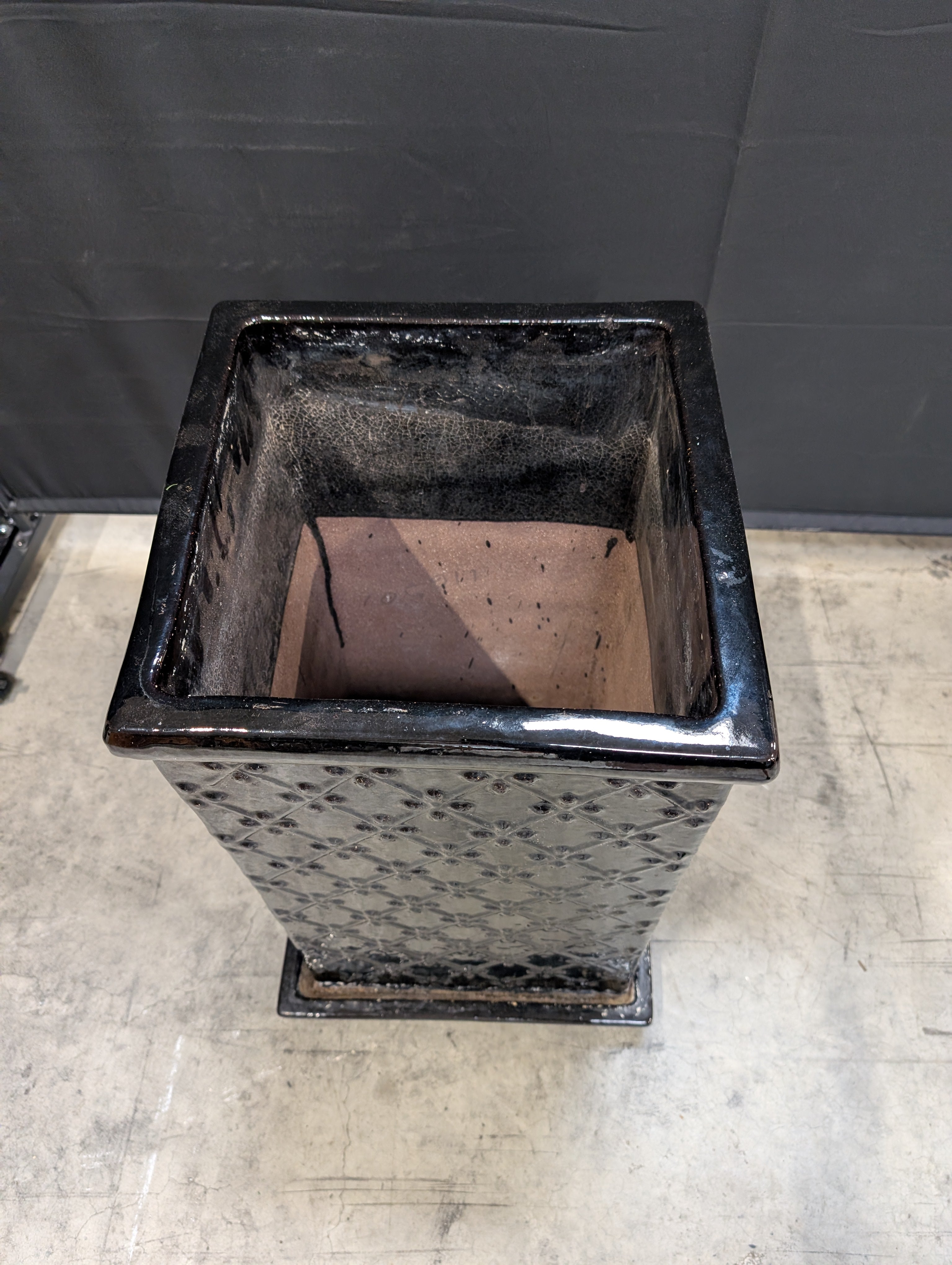 Tall Black Glazed Ceramic Planter with Diamond Pattern