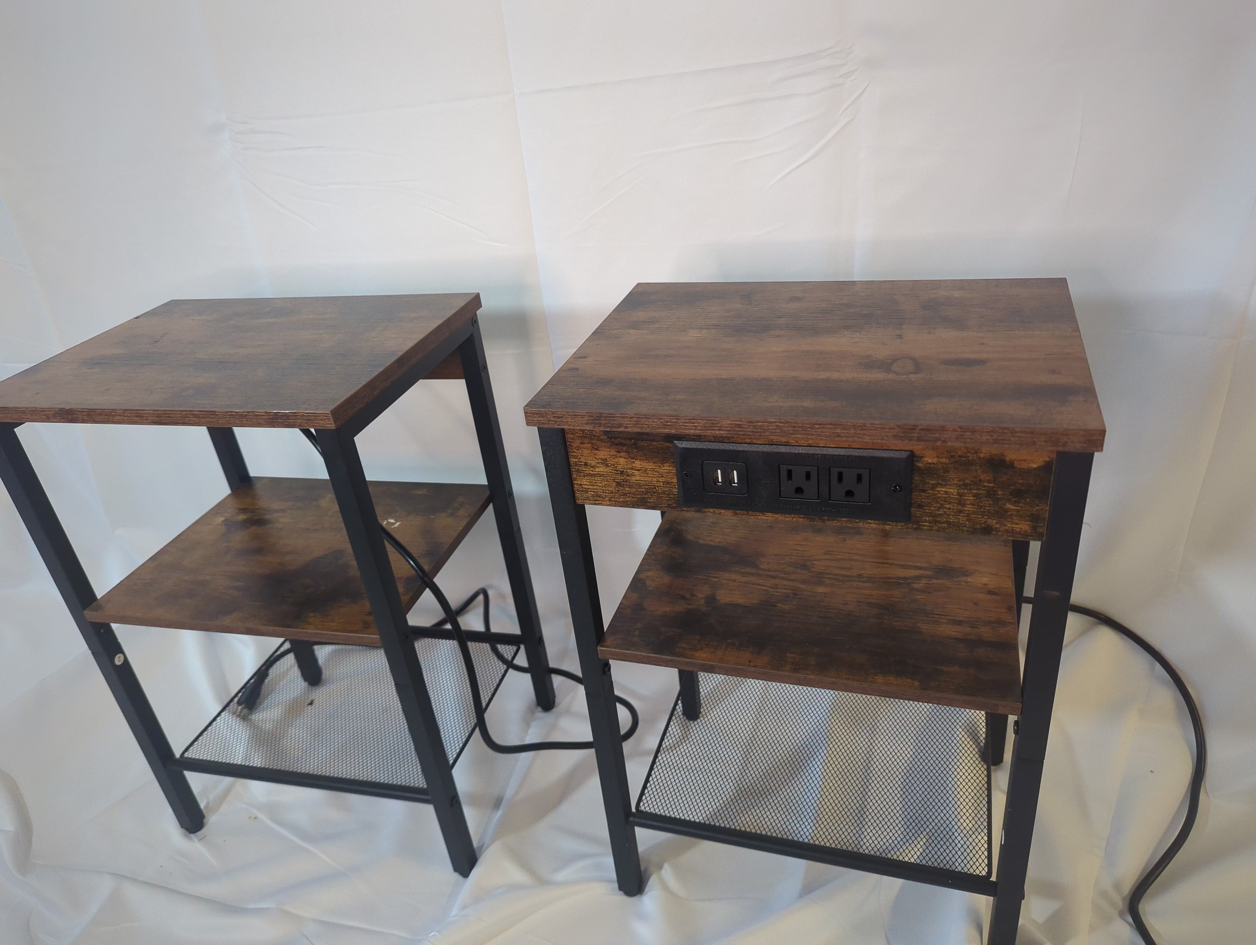 3 tier metal and wood end tables with USB and outlet ports