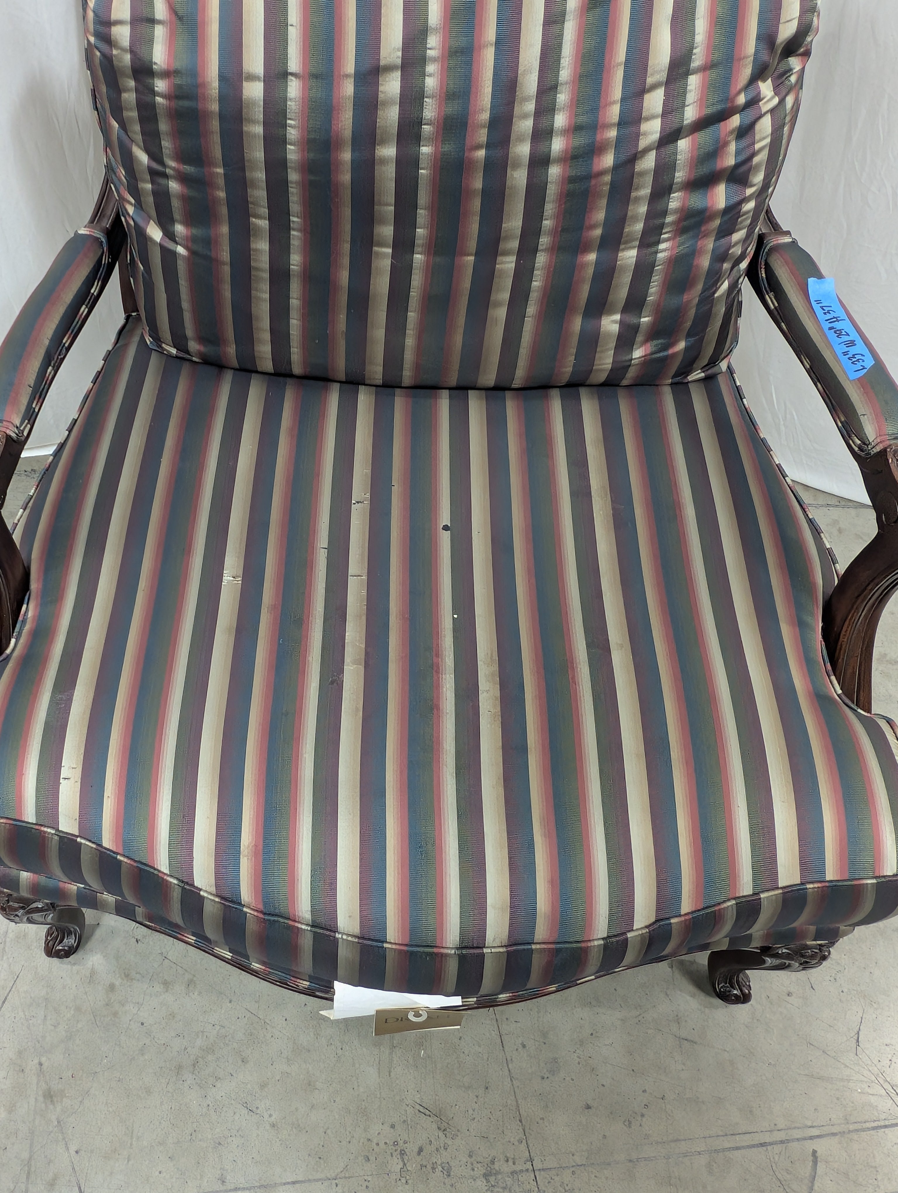 Carved Wood Drexel Accent Armchair with Striped Upholstery