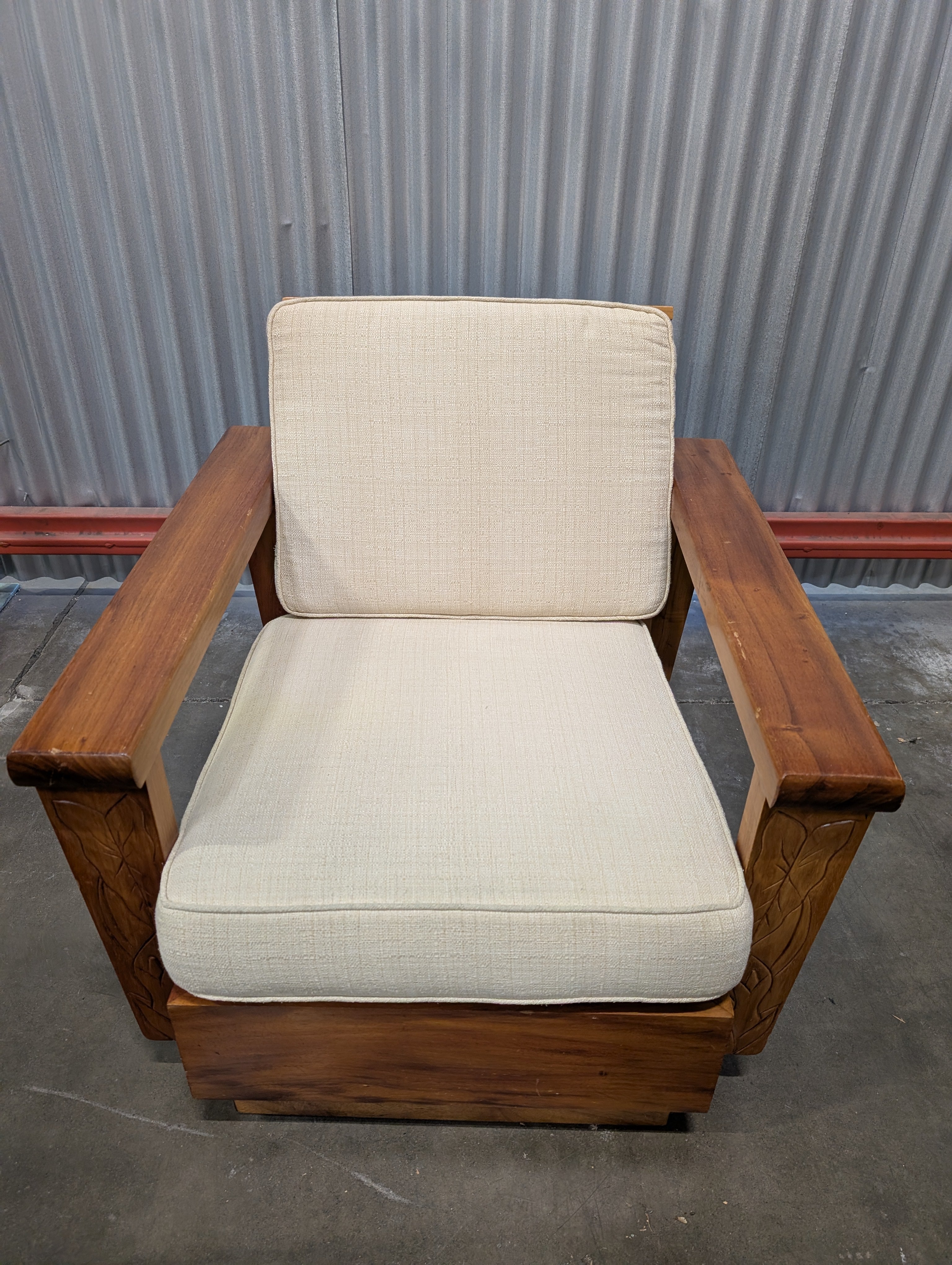 Mid-Century Modern Hardwood Armchair with Carved Leaf Design