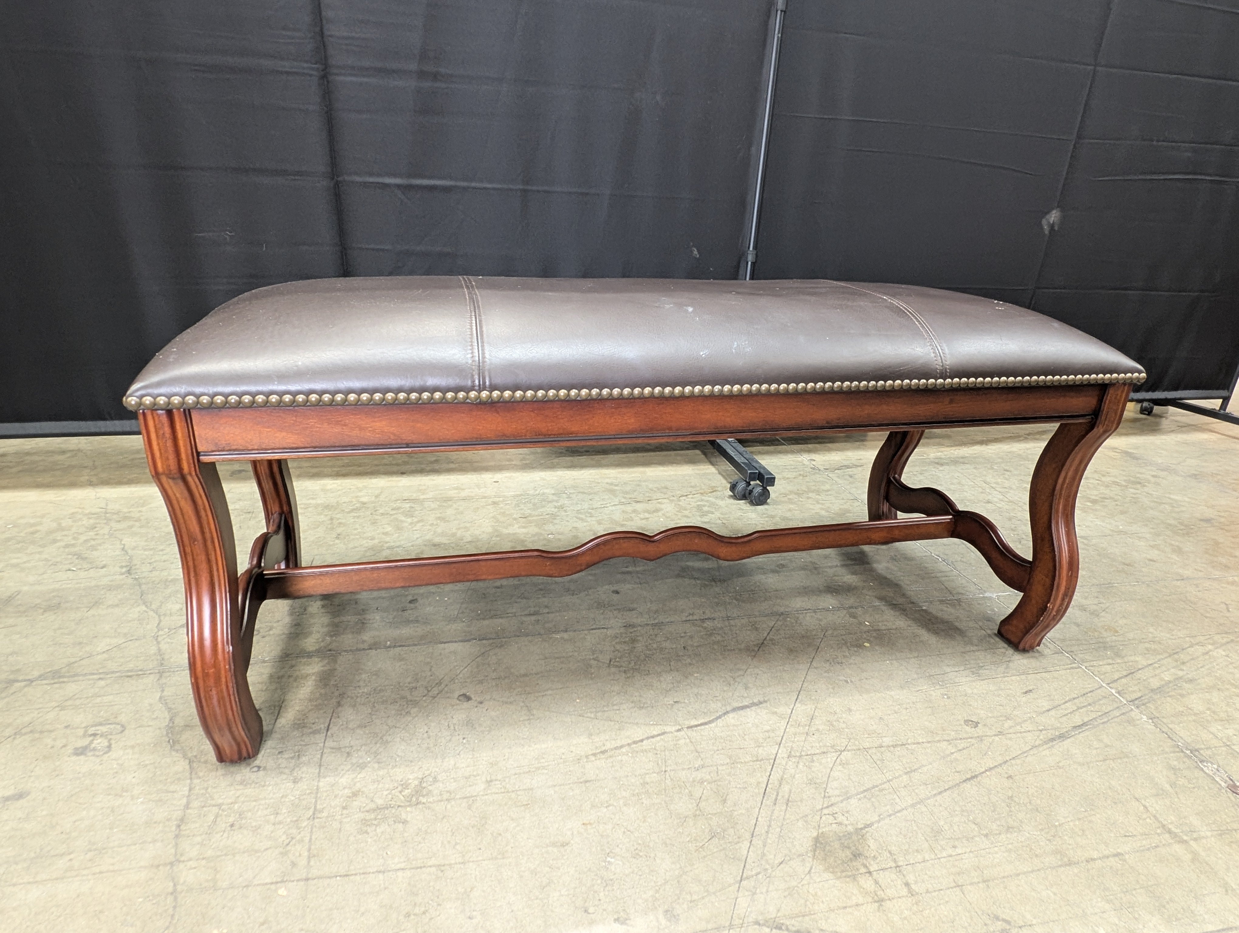 Dark Brown Upholstered Wood Bench with Nailhead Trim