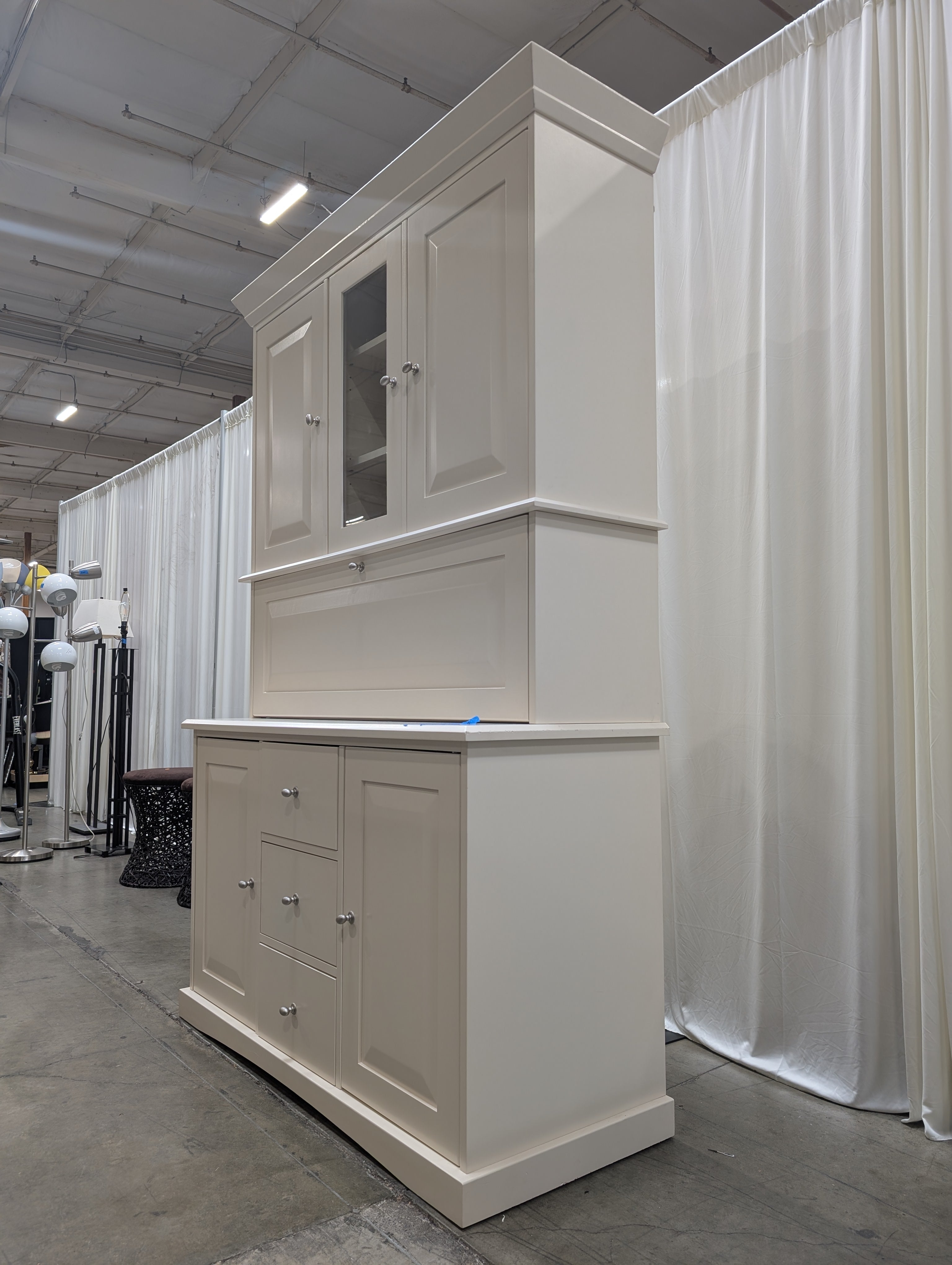 Cream Painted Wood China Cabinet with Crown Molding