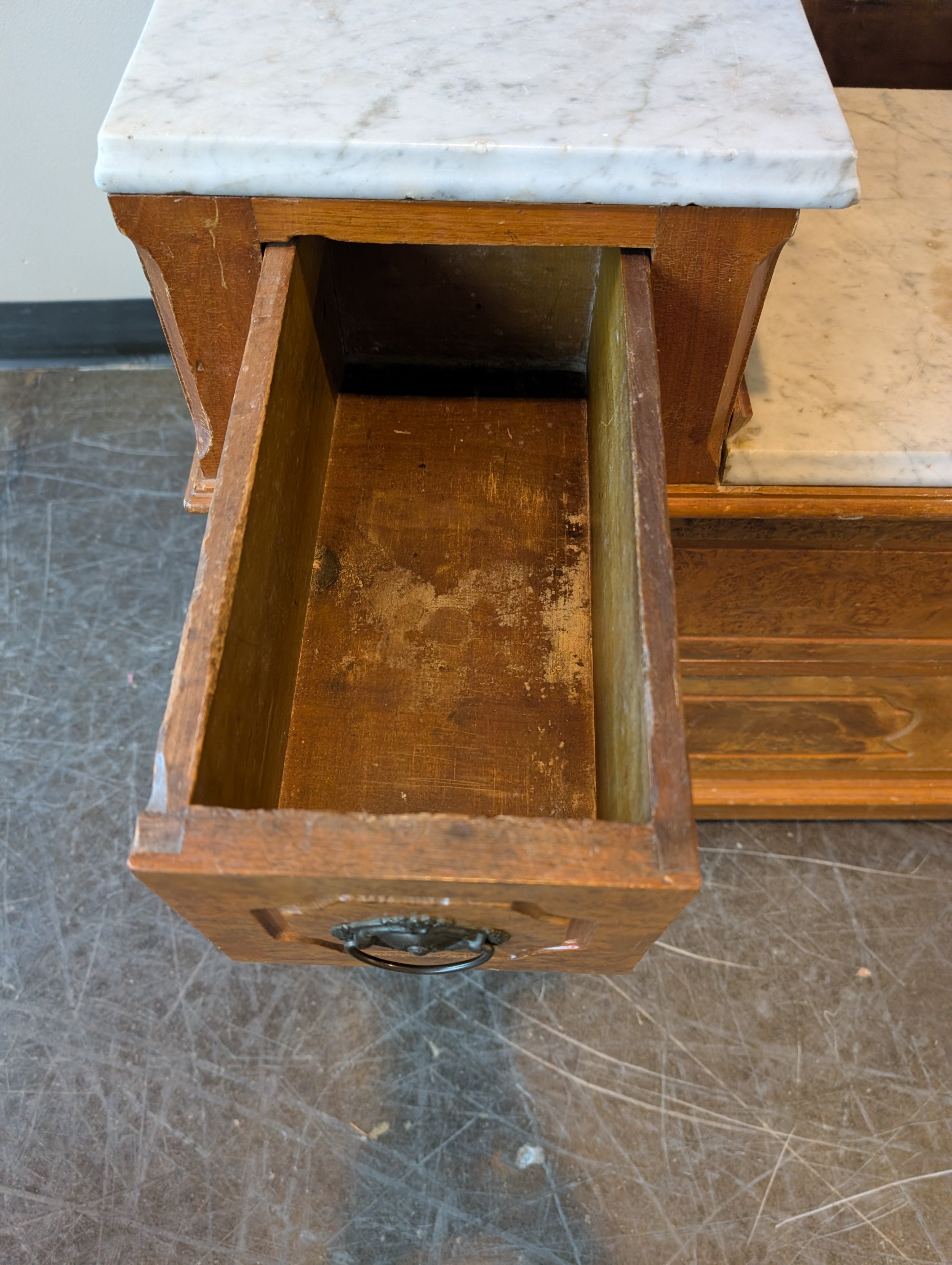 Antique Wood Five-Drawer Dresser with Marble Tops