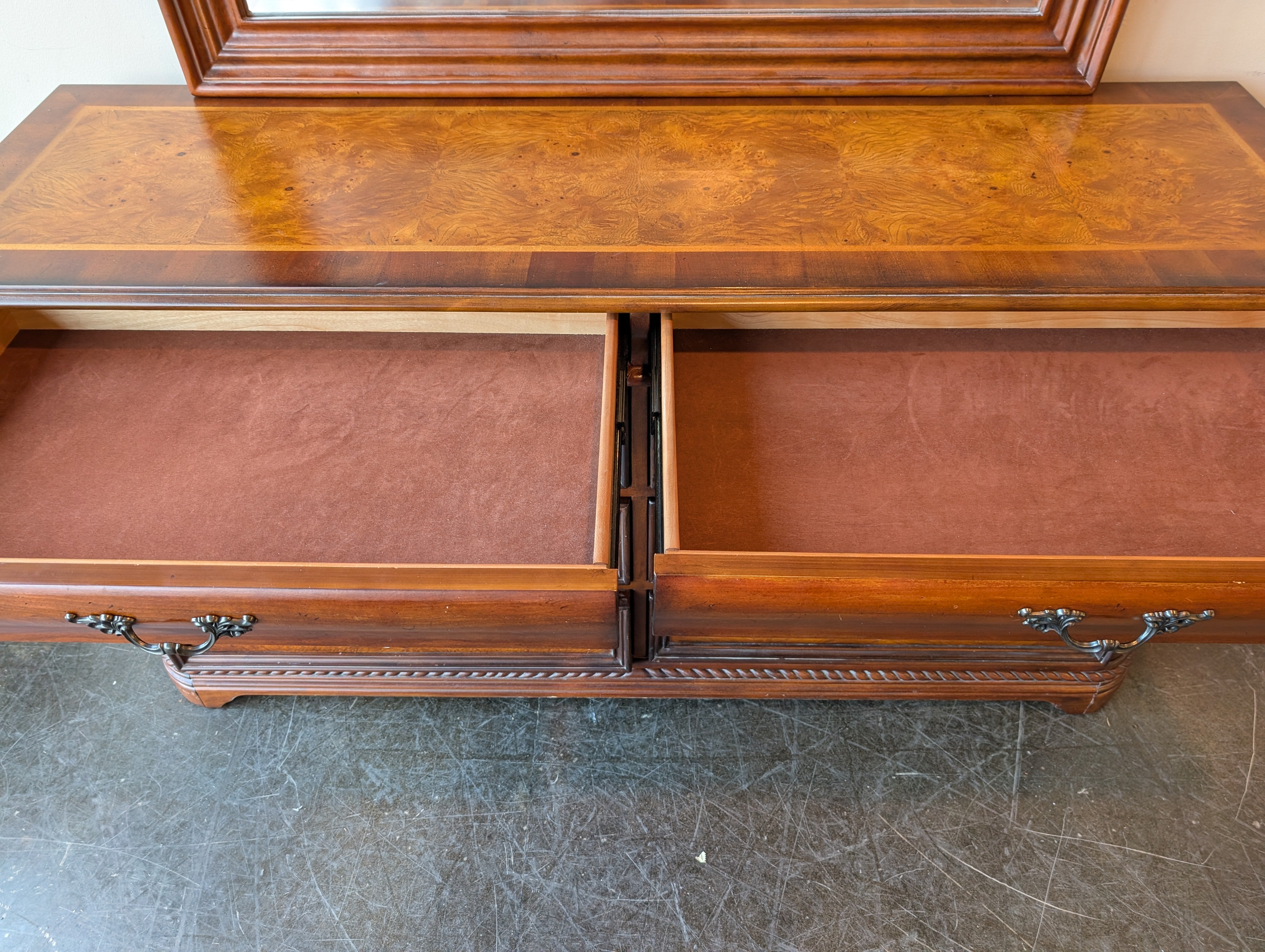 Ornate Dark Wood Dresser with Arched Mirror