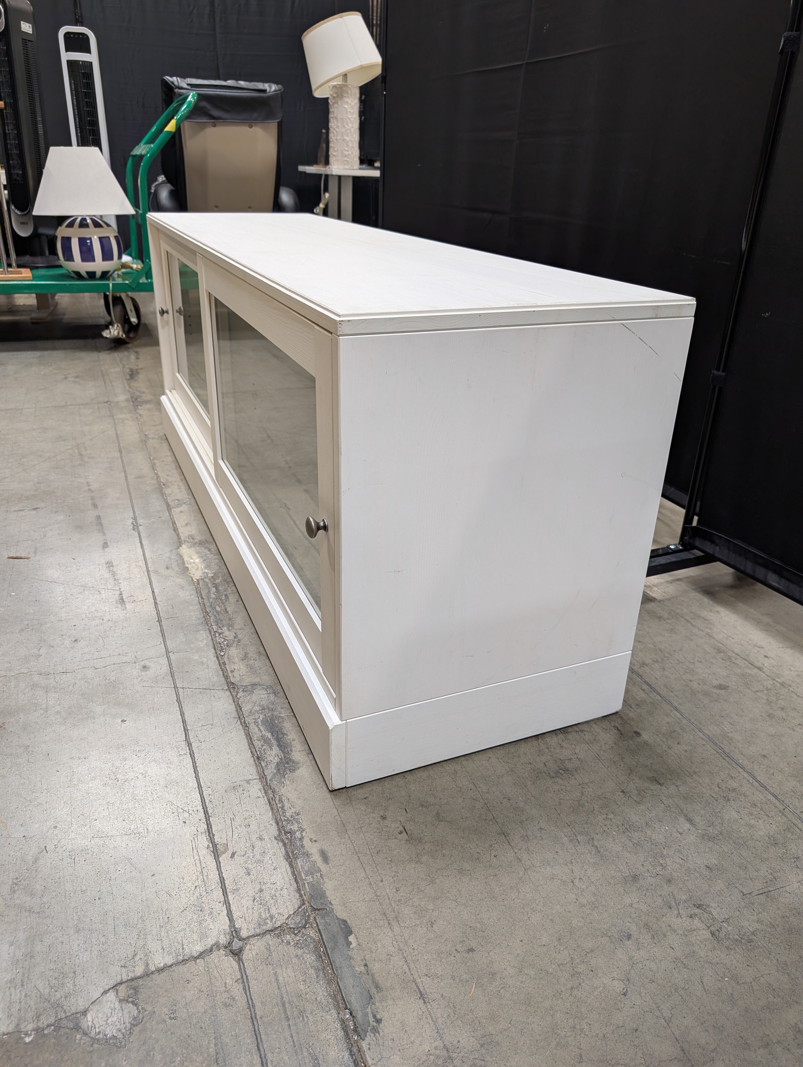 White Media Console with Sliding Glass Door