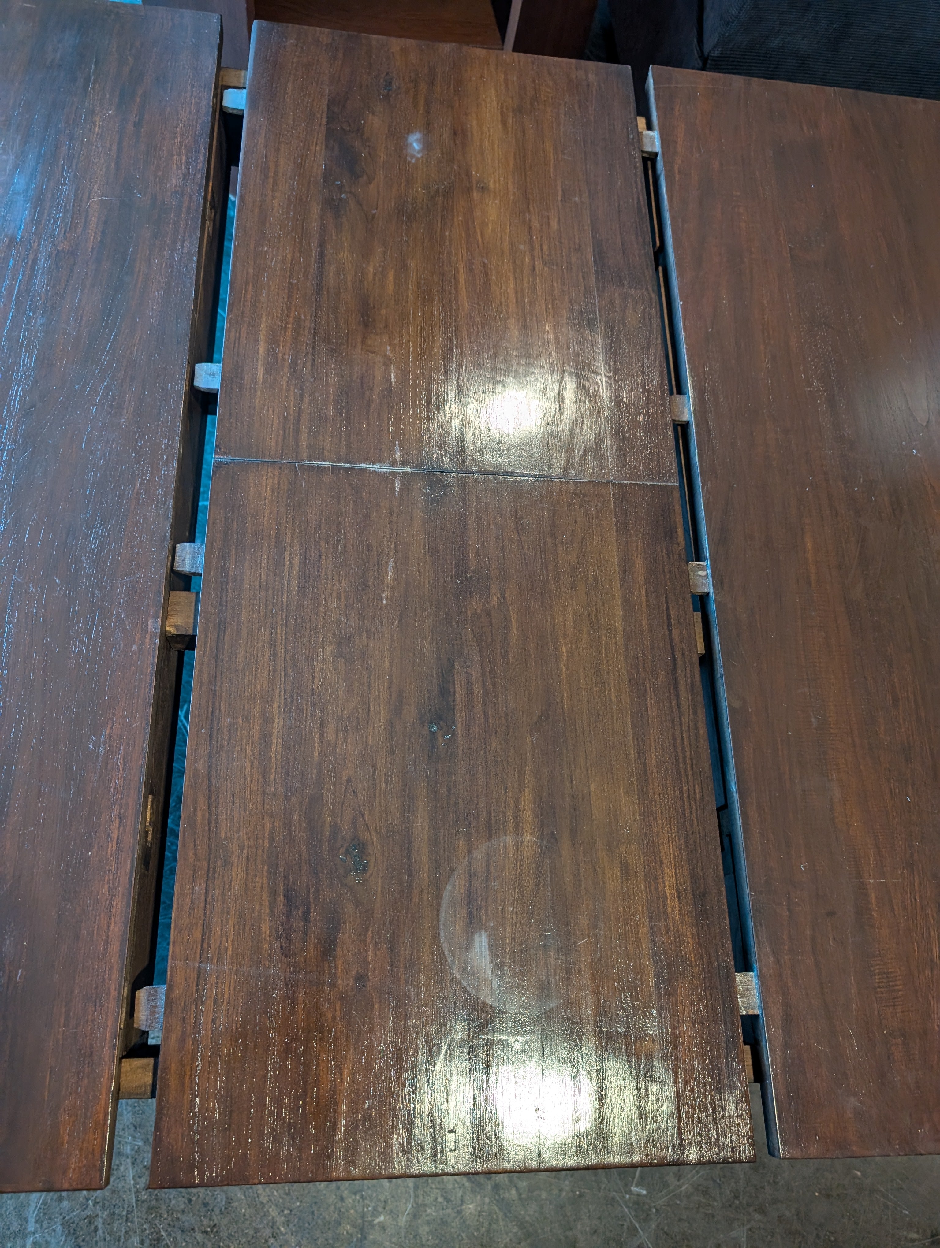 Sturdy Rectangular Dark Wood Dining Table with built in leaf and two drawers