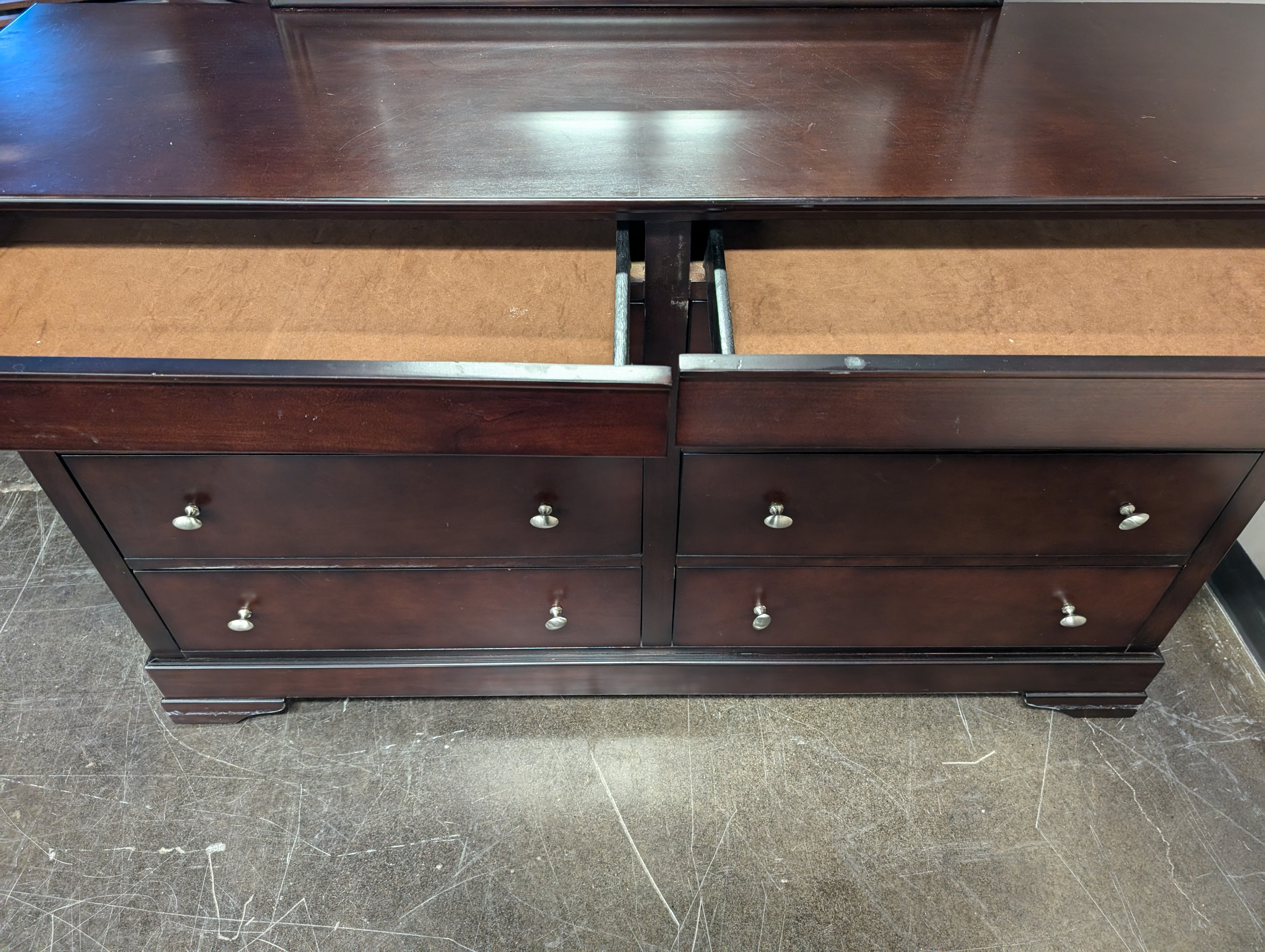 Dark Cherry Finish Six-Drawer Dresser with Framed Mirror